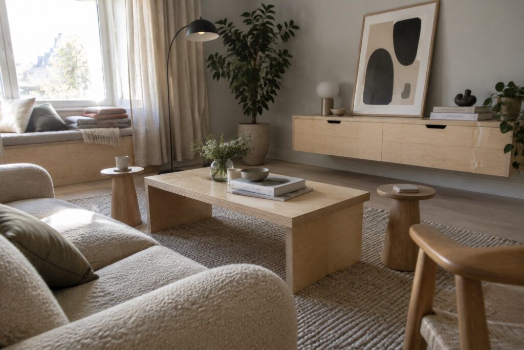 A living room with a low rectangular plywood coffee table on a woven rug, a beige sofa, wooden side tables, and a tall black floor lamp.