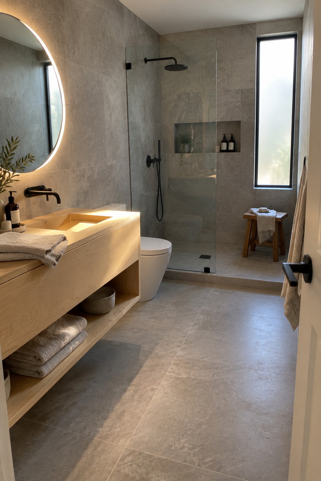 A modern bathroom with a light wood floating plywood vanity that has open lower shelving, a round backlit mirror above the sink, and a glass shower enclosure in the background.