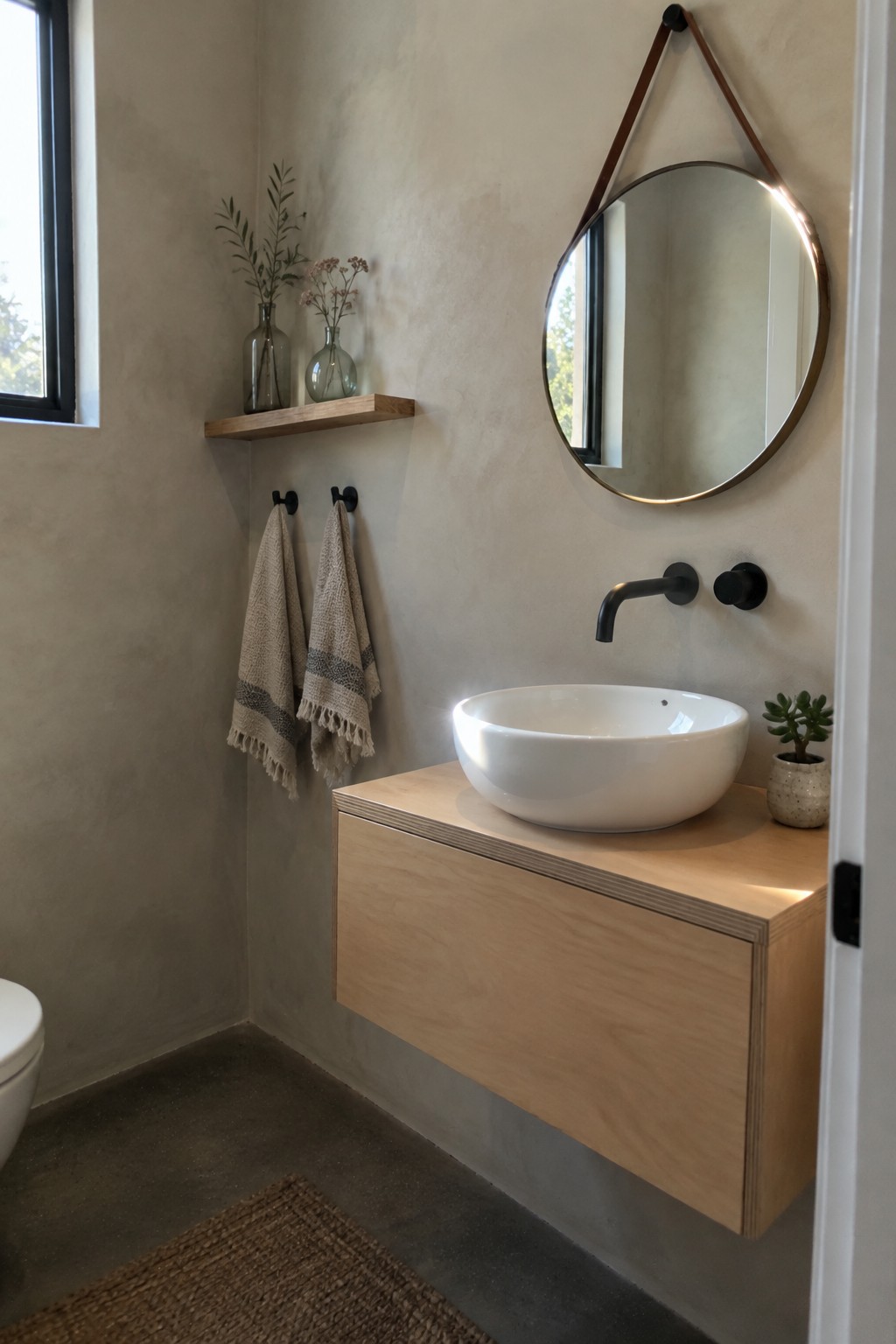 A modern bathroom featuring a light wood floating plywood vanity with a white vessel sink, a round wall-mounted mirror above it, and two towels hanging on black hooks to the left.