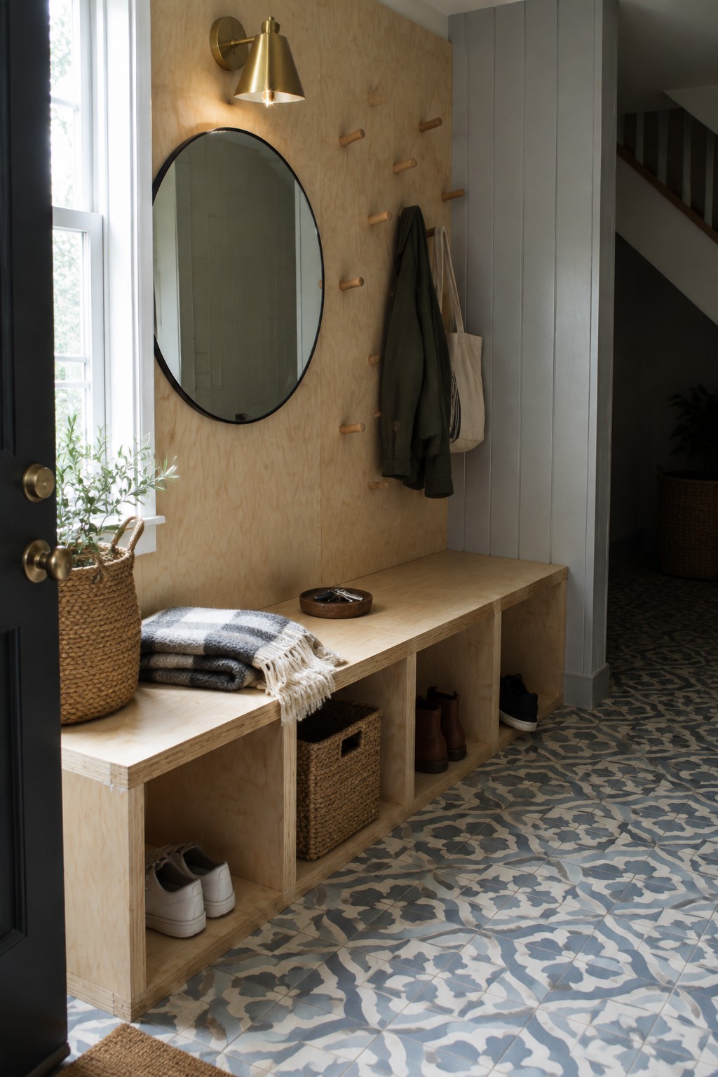 A light plywood built-in bench with open cubbies sits below a matching peg rail on a wood wall, next to a round mirror and patterned tile floor.
