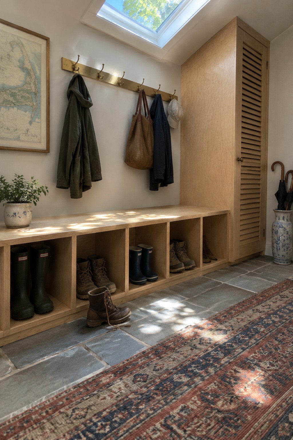 A light plywood built-in bench with open cubbies holding boots and shoes, brass hooks on the wall with coats and a bag, a potted plant, and a tall cabinet with louvers in an entryway.