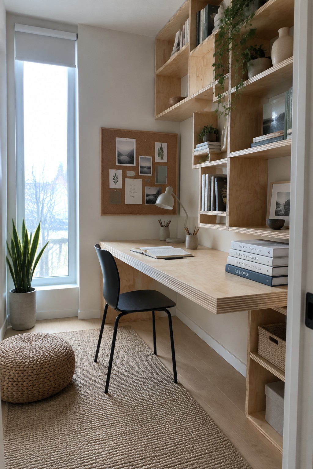 A light plywood built-in desk with open shelving above it sits in a bright room next to a window, with a black chair, corkboard, and books on the shelves.