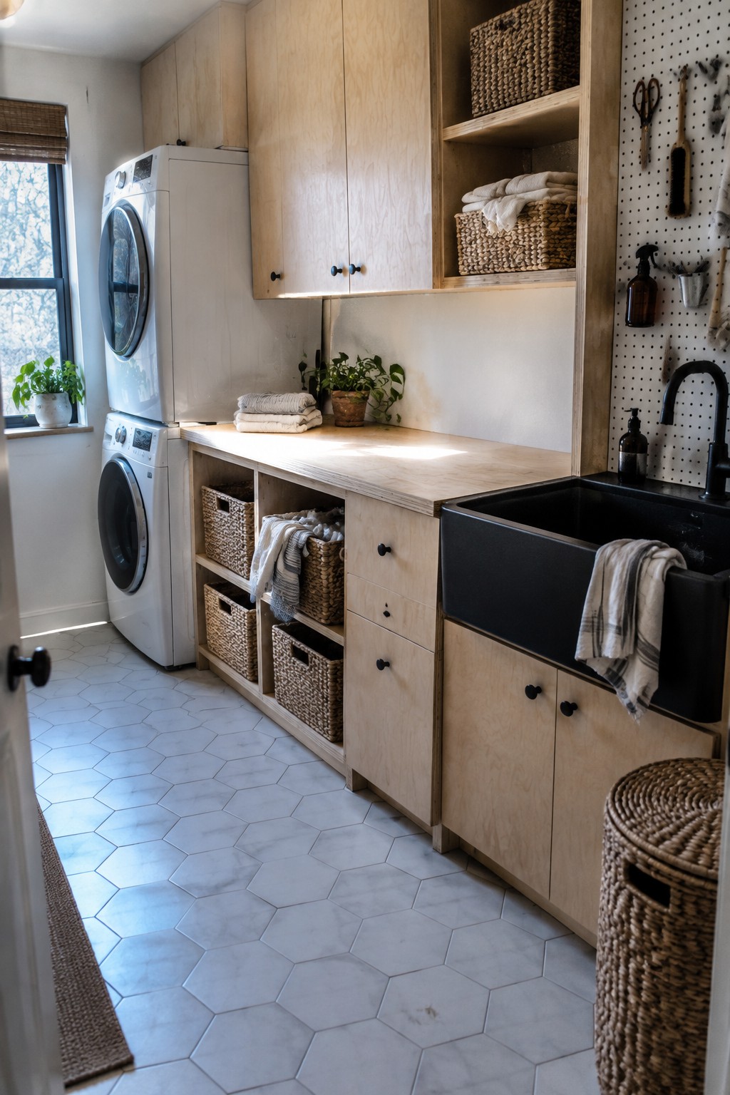 A laundry room featuring light plywood cabinets with open cubbies holding woven baskets, a black farmhouse sink, stacked white washer and dryer, and hexagonal white tile flooring.