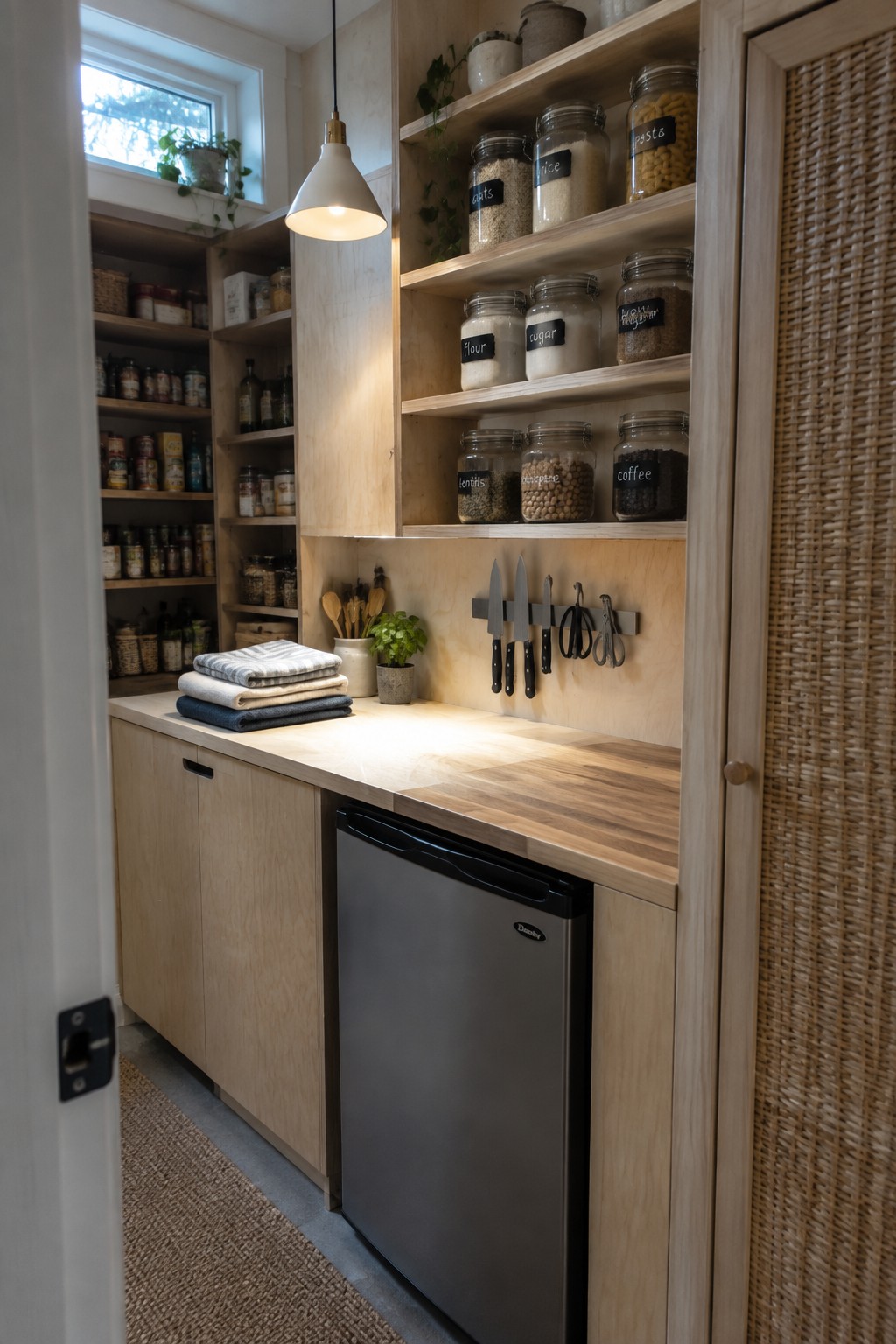 A walk-in pantry interior with light plywood open shelves holding labeled glass jars, lower cabinets, a wooden countertop, and a small black refrigerator below.