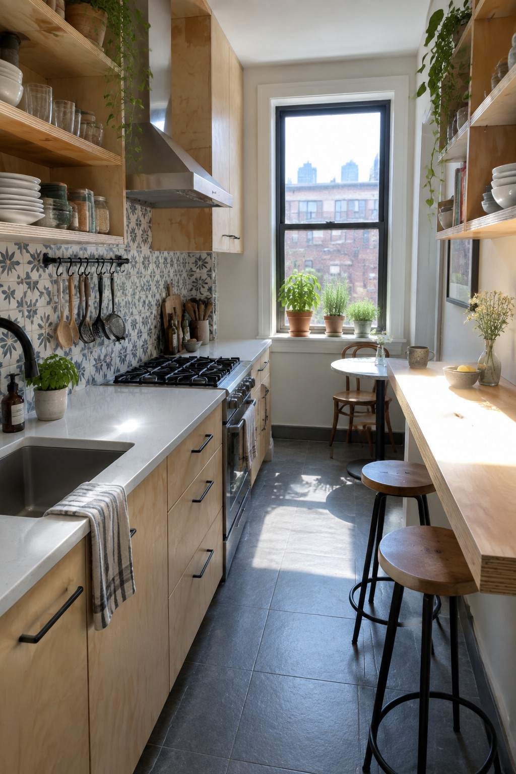 A narrow kitchen with light plywood cabinets, open wooden shelves, a stainless steel range, white countertops, and a window at the far end.