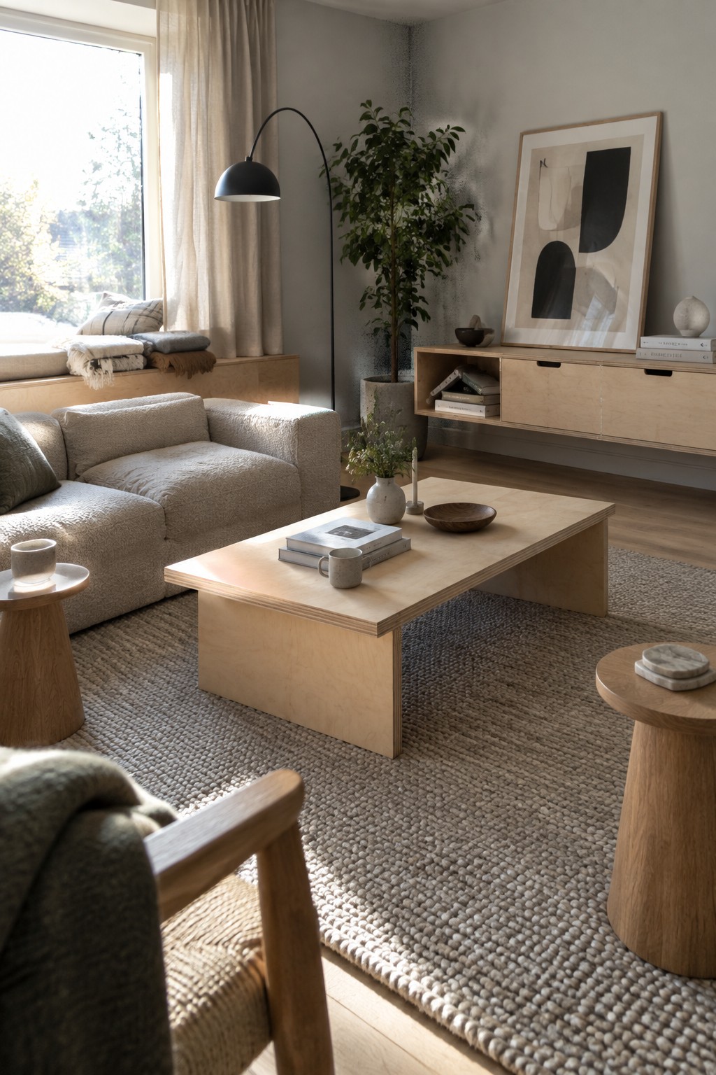 A living room with a low rectangular plywood coffee table on a woven rug, a beige sofa, wooden side tables, and a tall black floor lamp.