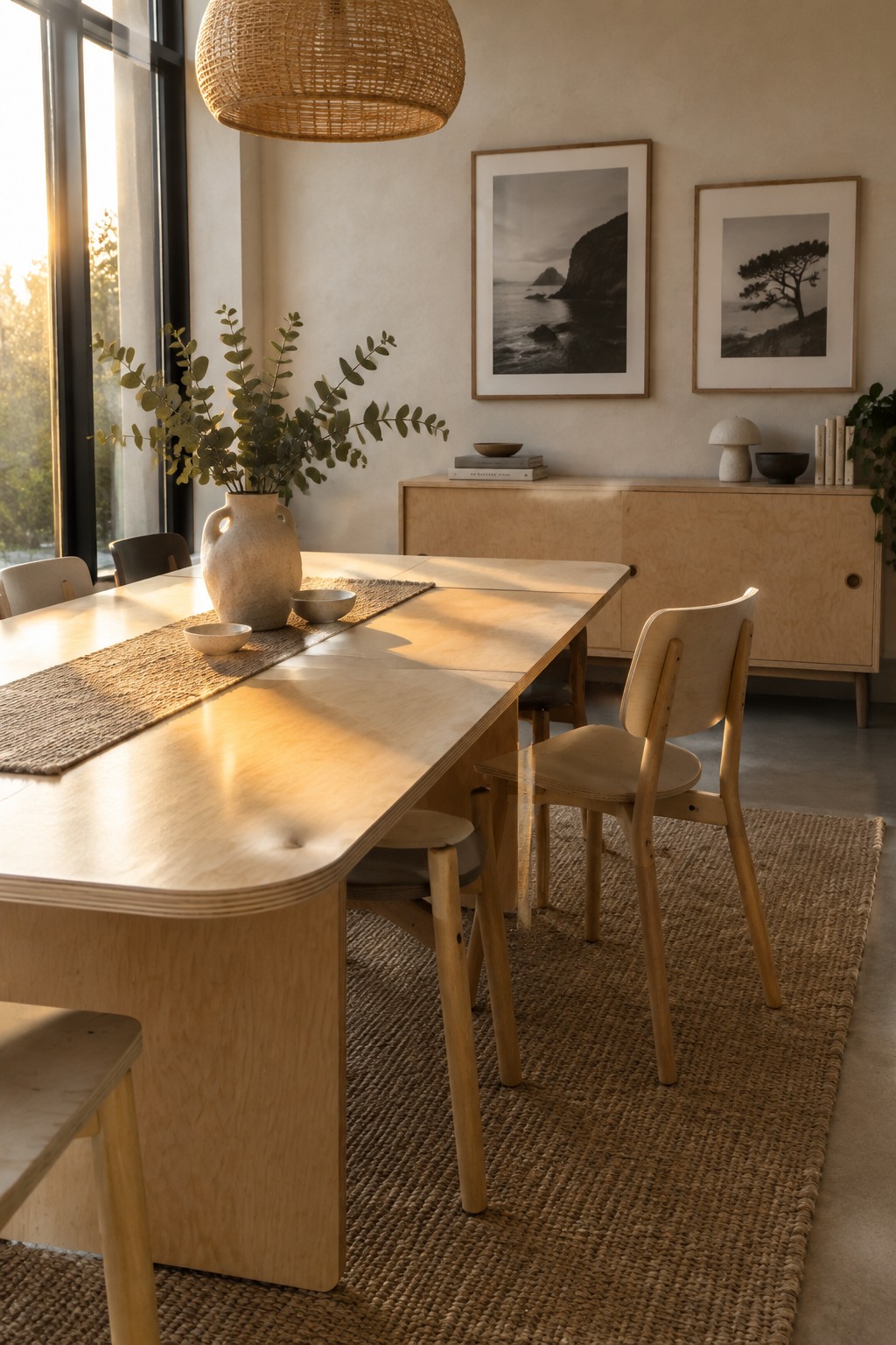 A light plywood dining table with matching wooden chairs on a woven rug, positioned near a window and a low wooden sideboard with framed black and white photos above it.