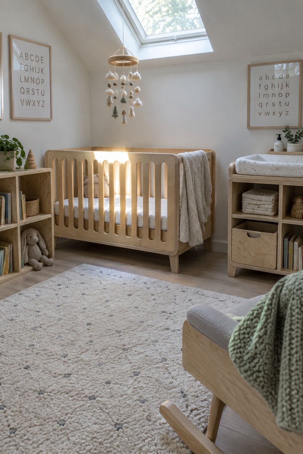 A nursery with a light plywood crib, matching changing table with storage, low bookshelf, and rocking chair on a white textured rug under a skylight.