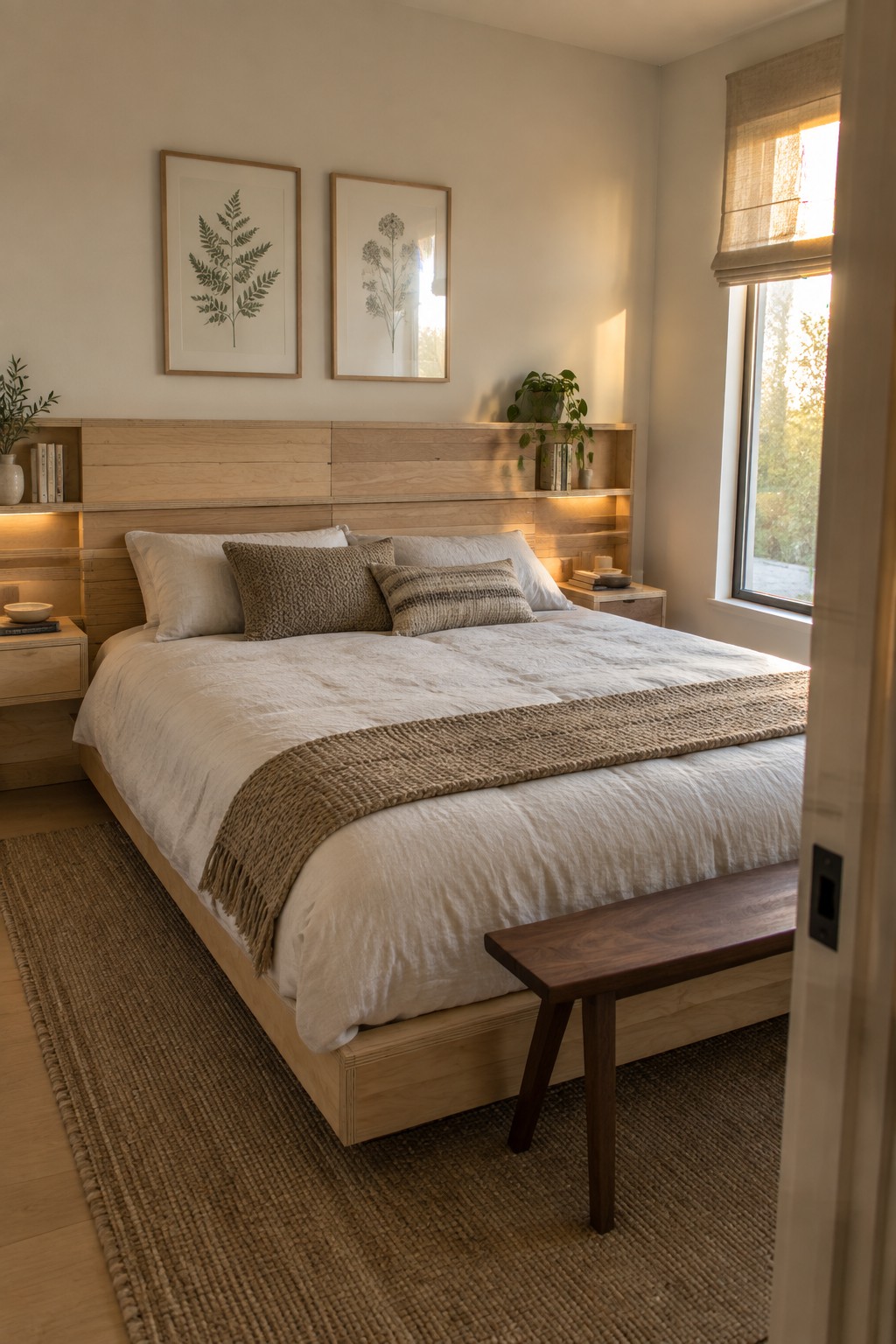 A bedroom with a low plywood bed frame and wide headboard featuring recessed shelves on both sides with under-shelf lighting, white and neutral bedding, and a dark wood bench at the foot of the bed.