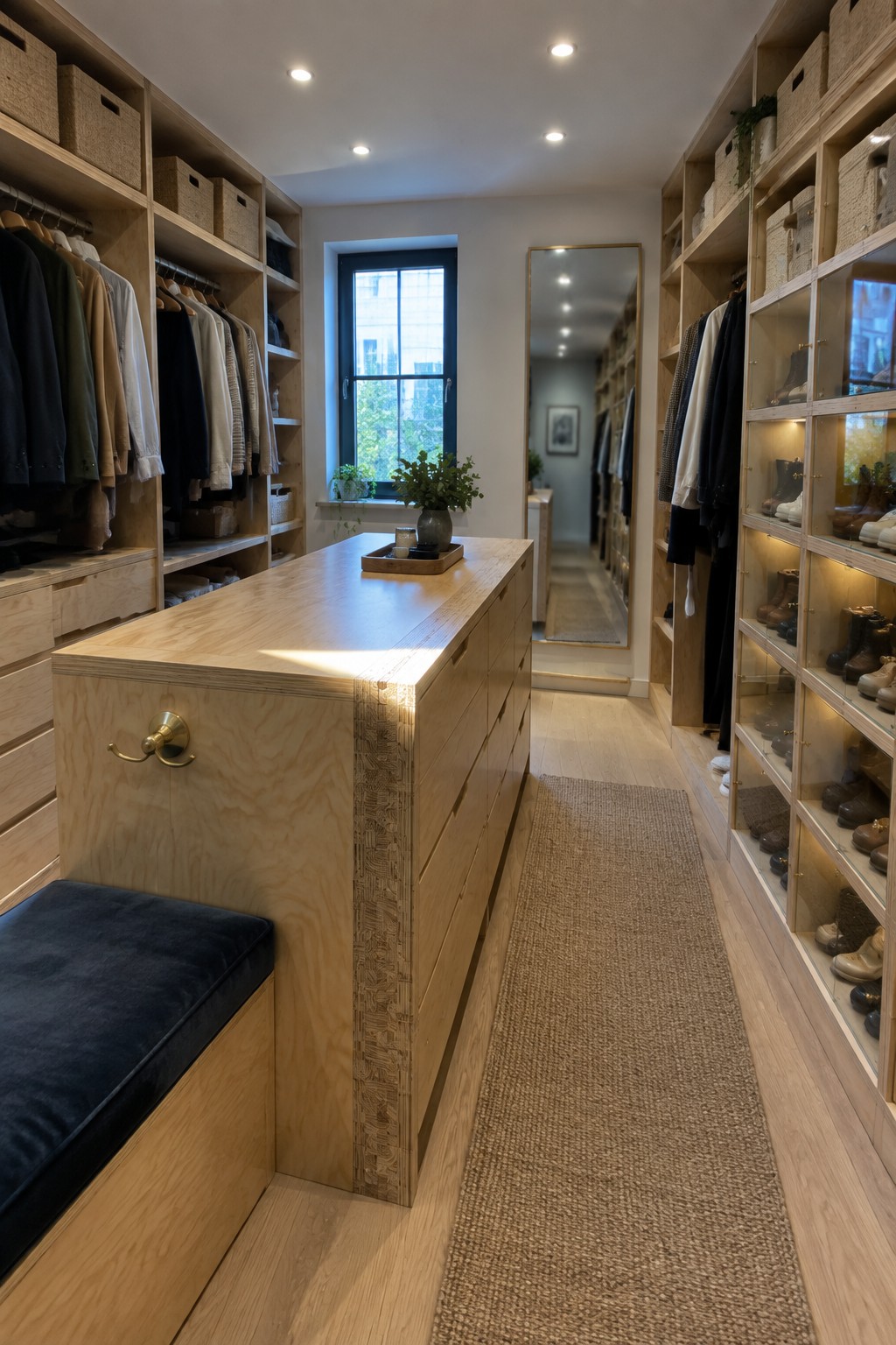 A modern walk-in closet featuring a light plywood central island with drawers and a cushioned bench on the left, open shelving units on both sides, and a full-length mirror at the far end.