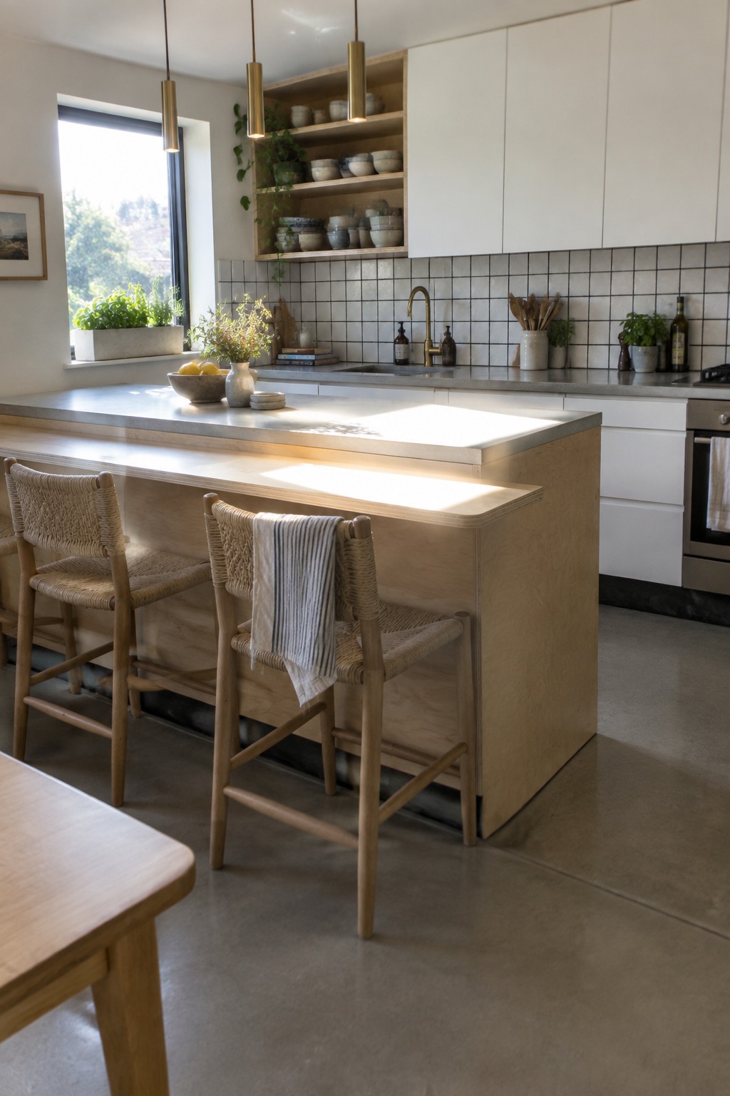 A modern kitchen with a large plywood island, two woven-seat bar stools, white cabinets, and open shelving above a tiled backsplash.
