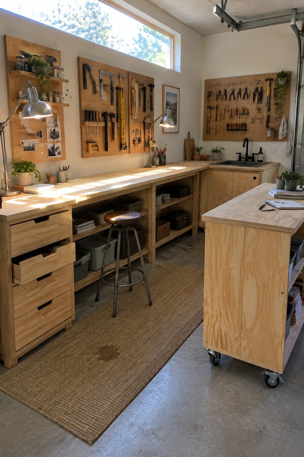 Organized wooden workshop with pegboard tools, long workbench, rolling cart, stool, and woven rug.