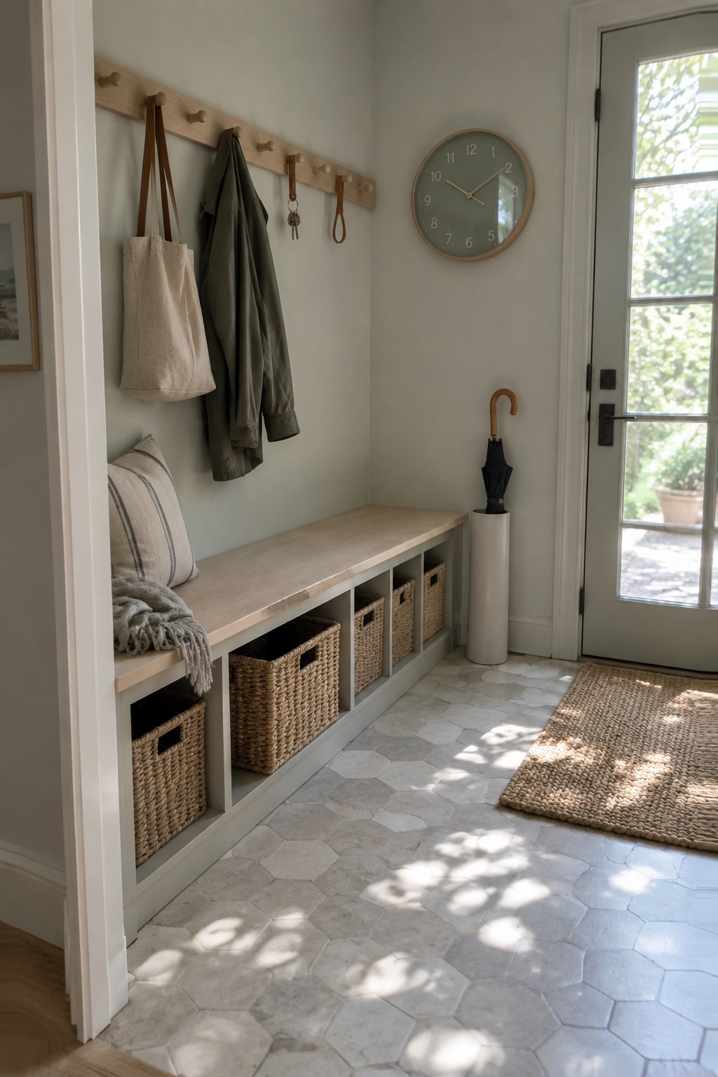 A light wood built-in bench with woven baskets in the cubbies, wall hooks above, and a round clock on the wall in a tiled entryway.