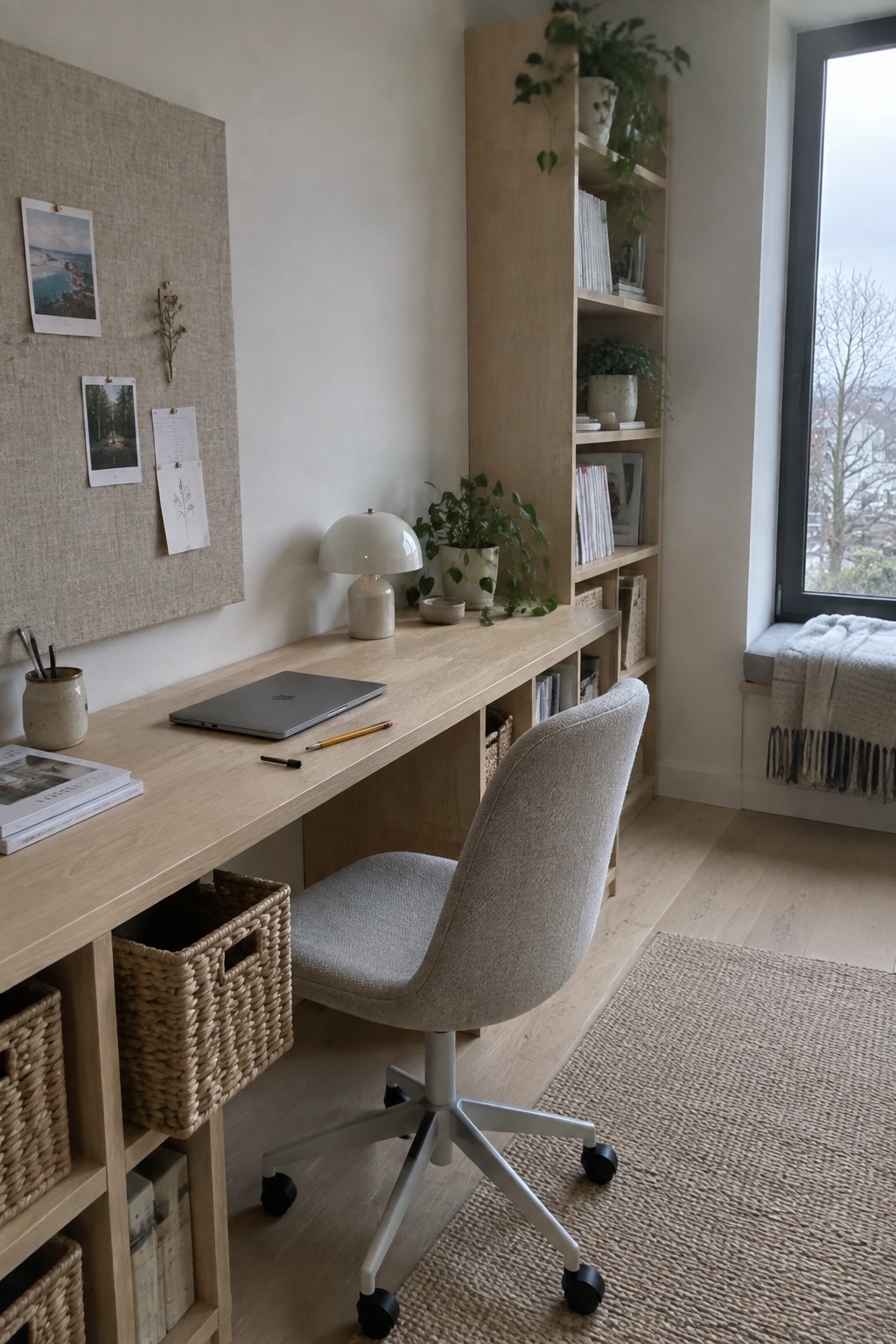 A light wood built-in desk with open cubbies runs along a wall beneath shelves, paired with a gray upholstered office chair on a woven rug.