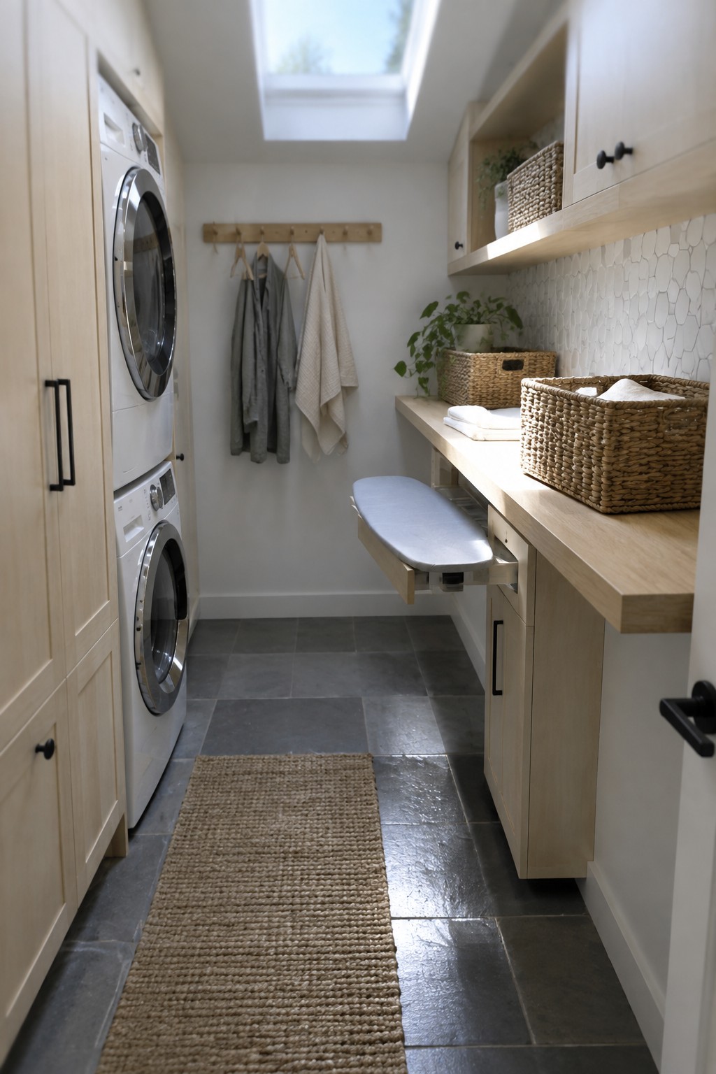 A narrow laundry room with light wood cabinets, stacked washer and dryer on the left, a pull-out ironing board under a wooden countertop, and woven baskets on the right.
