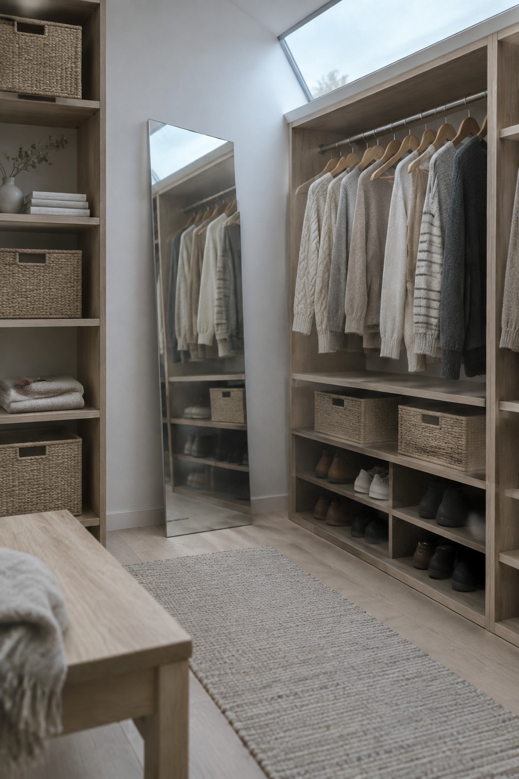 A walk-in closet featuring light wood built-in shelving and hanging rods with folded sweaters, lower cubbies holding shoes and baskets, a full-length mirror on the left wall, and a wooden bench in the foreground.