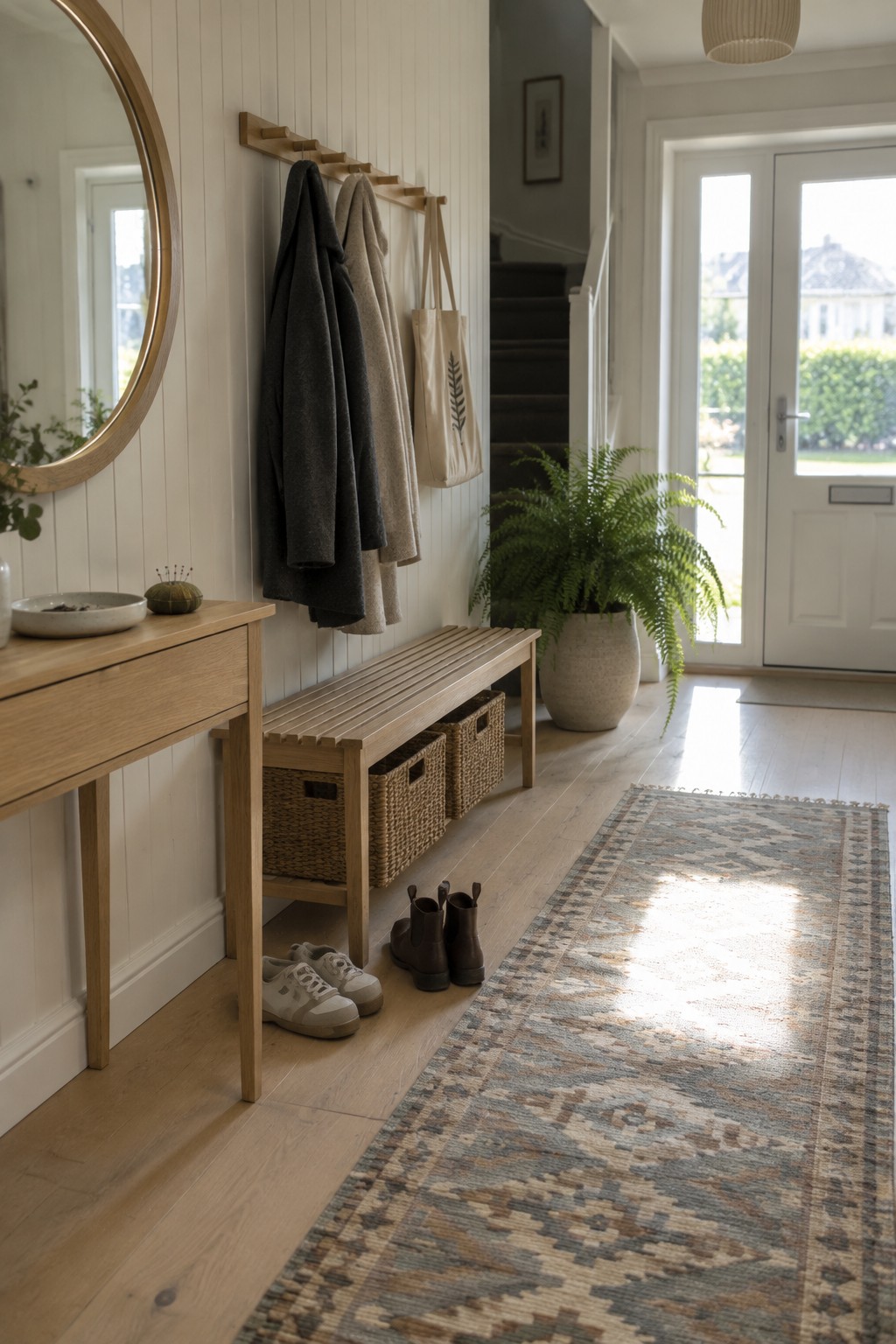 Minimalist entryway with wooden bench, hanging coats, baskets, shoes, fern, and patterned rug