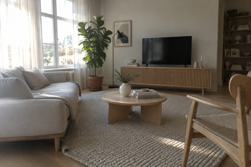 A bright living room with a light gray fabric sofa, round light wood coffee table on a chunky off-white rug, light wood media console, black floor lamp, and large potted fiddle leaf fig plant near a sunny window.