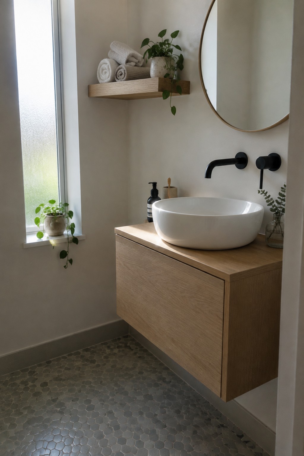 A bathroom interior with a floating light wood vanity holding a white vessel sink, black wall-mounted faucet, round mirror, and a wooden shelf above with rolled towels and a potted plant.