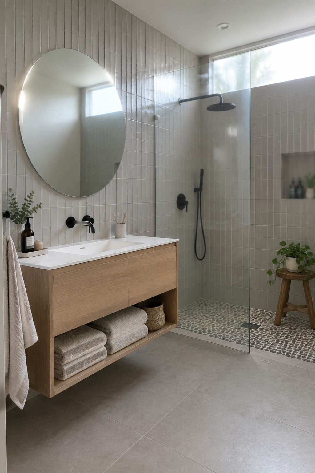 A modern bathroom with a floating light wood vanity, white countertop and sink, round backlit mirror, and a glass-enclosed shower with gray tile walls.