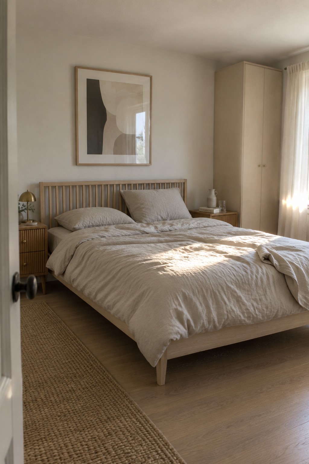 A bedroom with a light wood bed frame, rumpled neutral bedding, two wooden nightstands, and an abstract print hanging above the headboard.