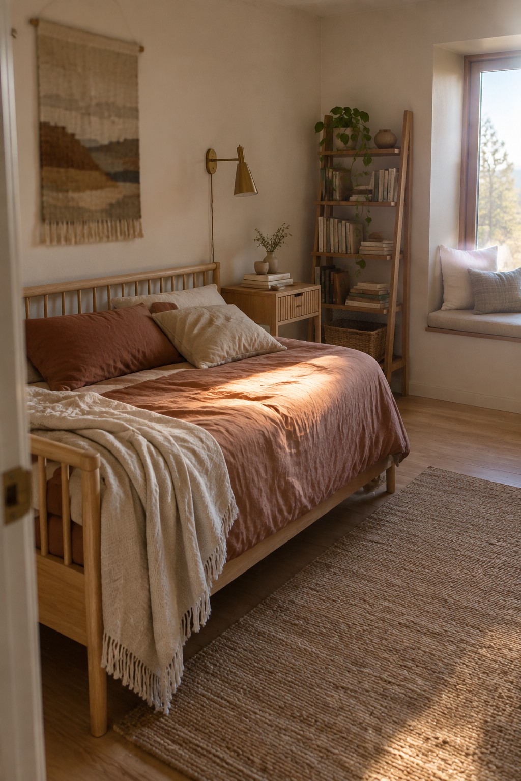 A bedroom featuring a light wood bed with a slatted headboard, rust and beige linen bedding, a wooden nightstand, a ladder shelf, and a woven wall hanging.