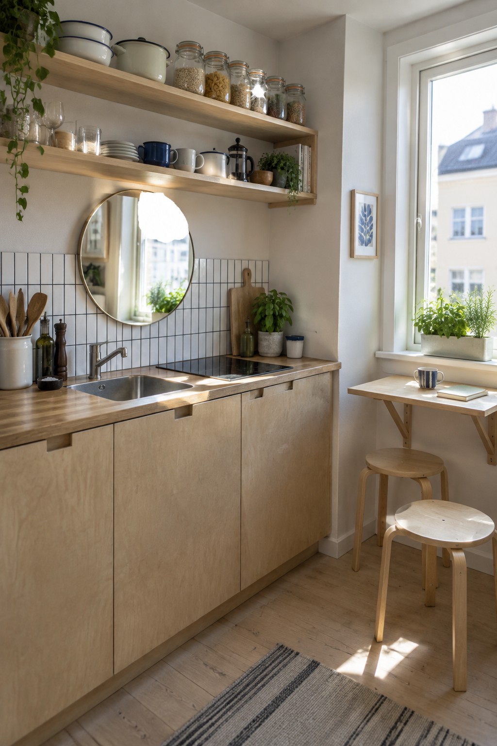 Sunlit minimalist kitchen with light wood cabinets, open shelves, plants, and stools