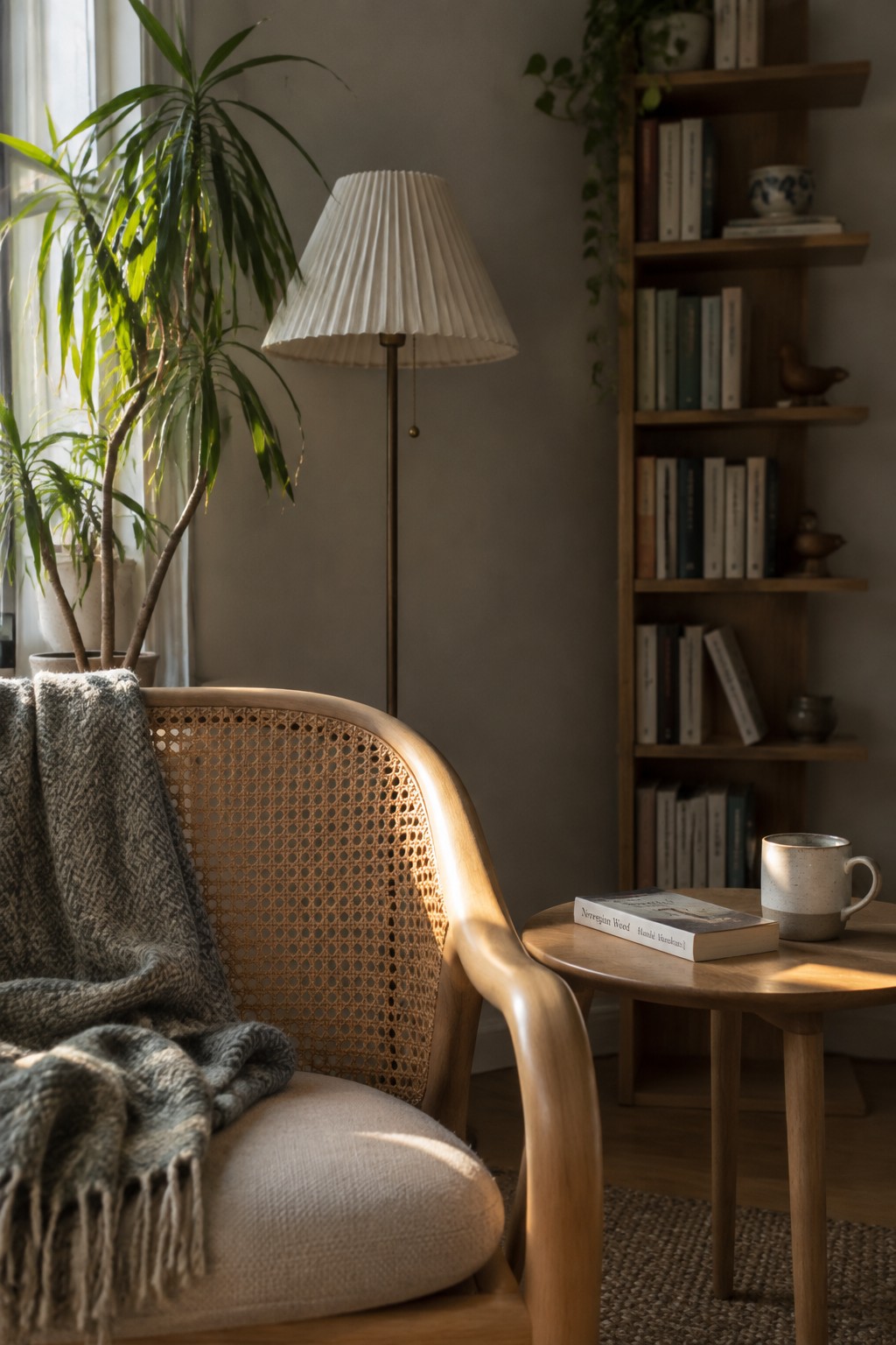 A light wood armchair with cane webbing beside a floor lamp and round wooden table with a book and mug, in front of a bookshelf.