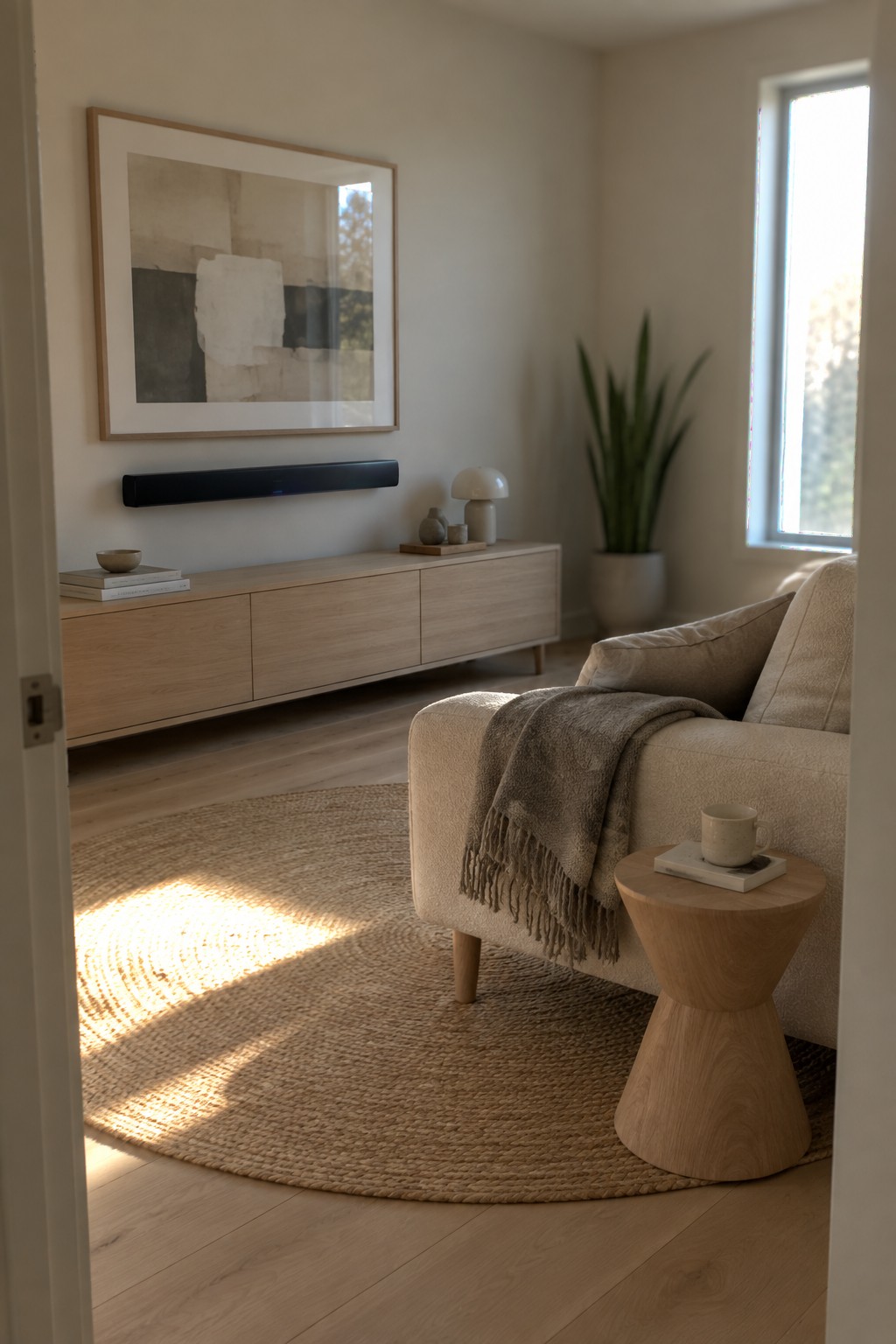 A living room featuring a long light wood media console beneath framed art, a beige sofa with a round wooden side table, and a large woven rug on light flooring.