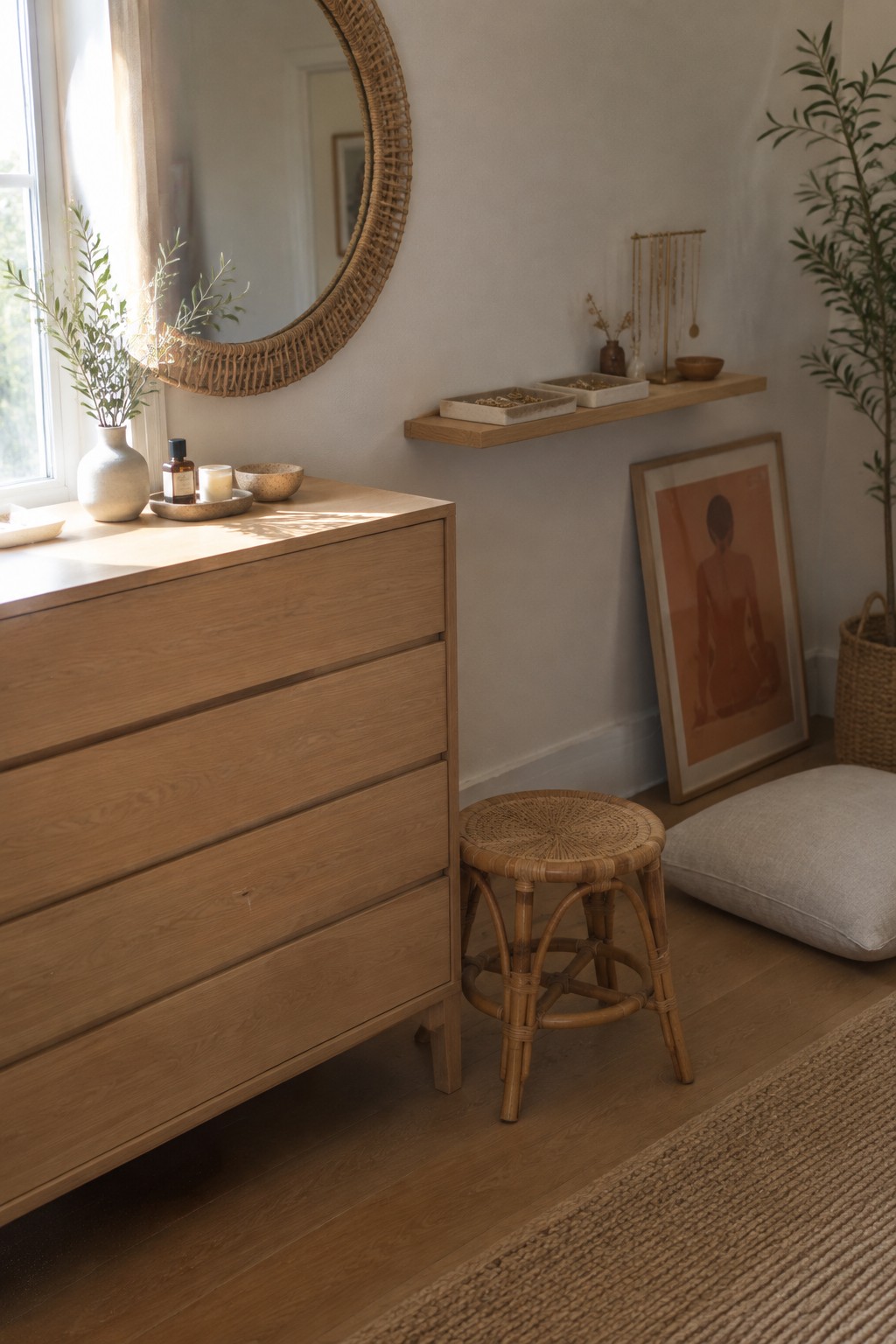 A light wood dresser with five drawers stands against a wall beneath a round woven mirror, with a rattan stool nearby in a sunlit room.