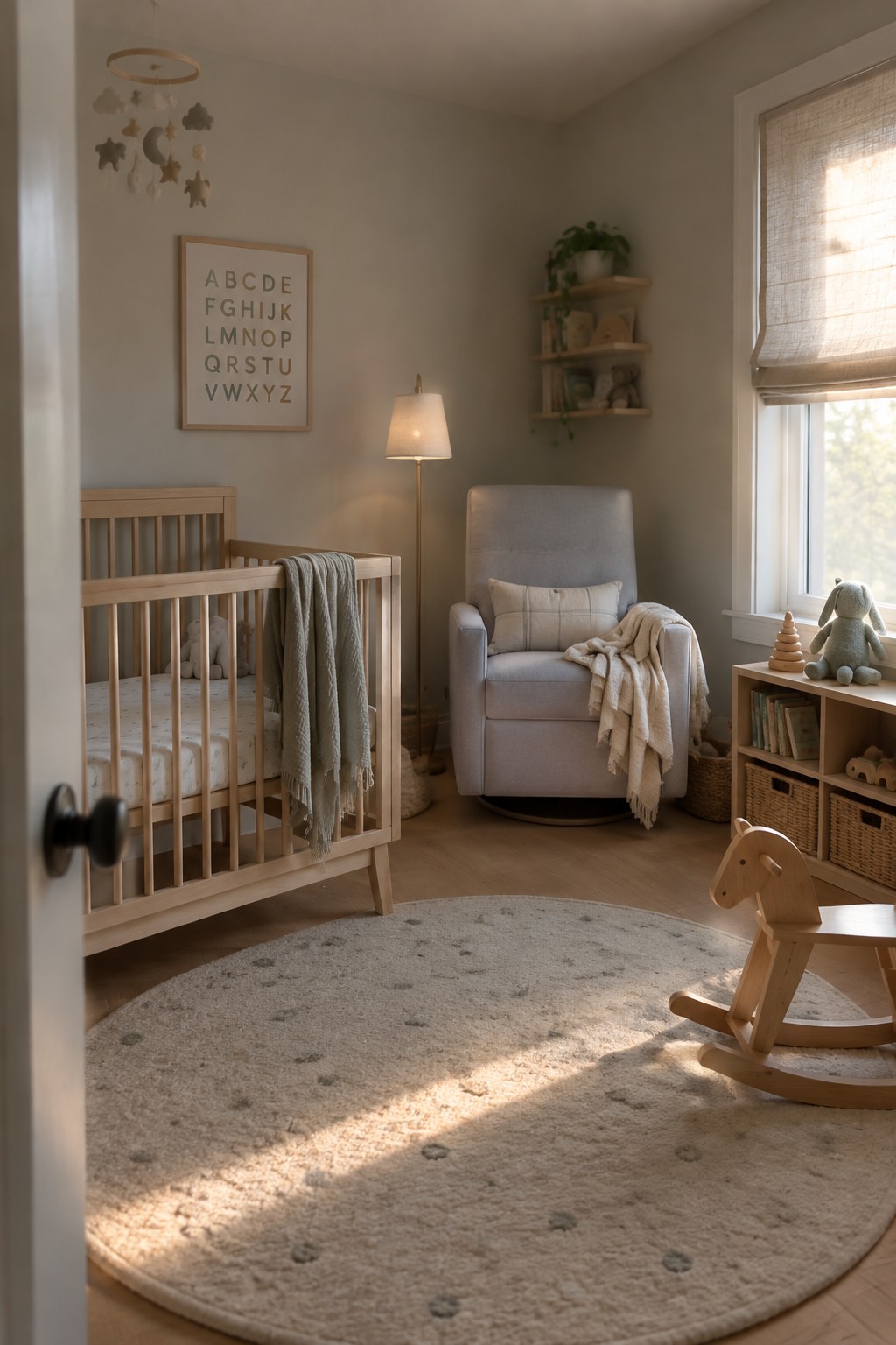 A light-filled nursery with a wooden crib, gray upholstered armchair, round textured rug, wooden rocking horse, and wall-mounted shelves.