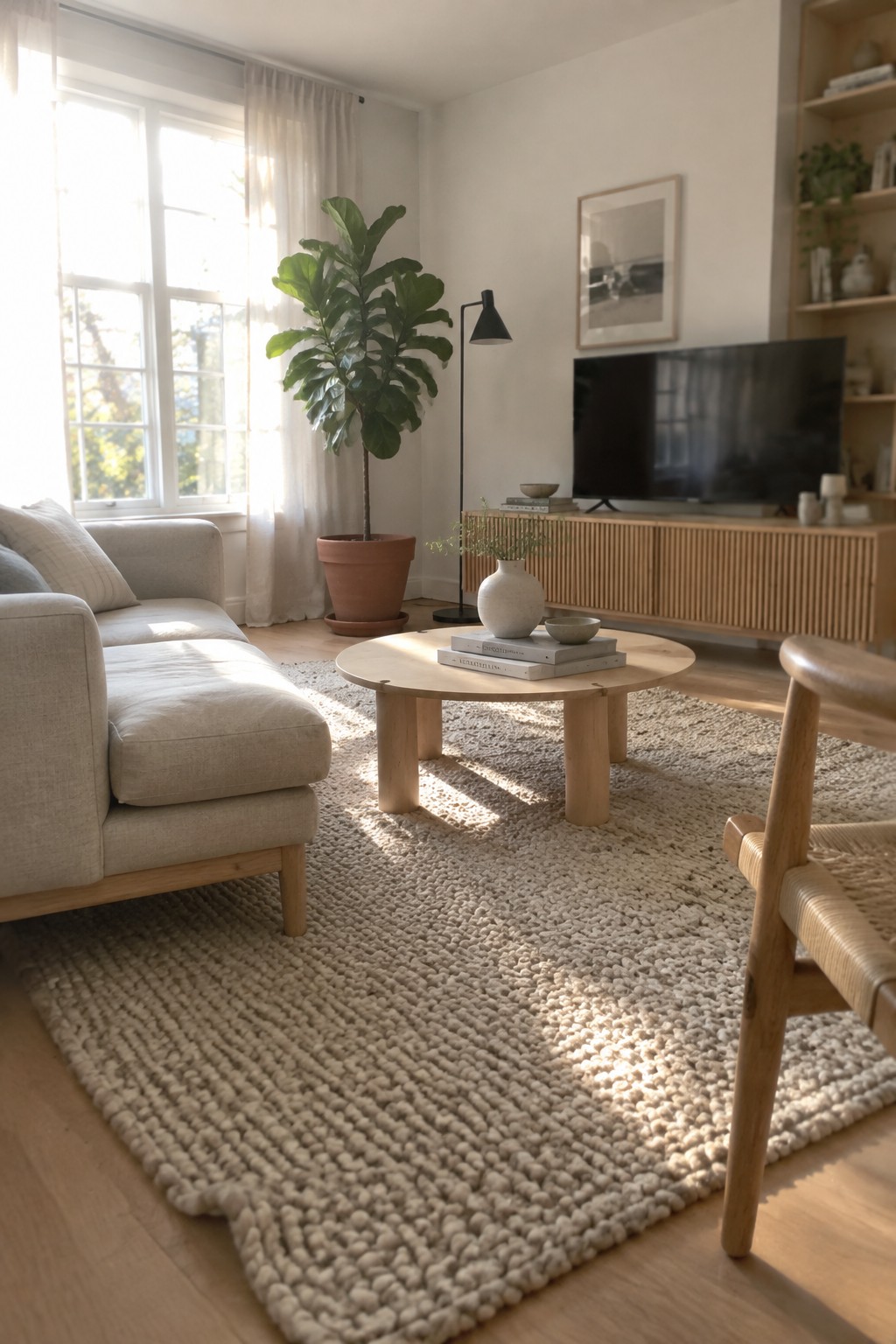 A bright living room with a light gray fabric sofa, round light wood coffee table on a chunky off-white rug, light wood media console, black floor lamp, and large potted fiddle leaf fig plant near a sunny window.