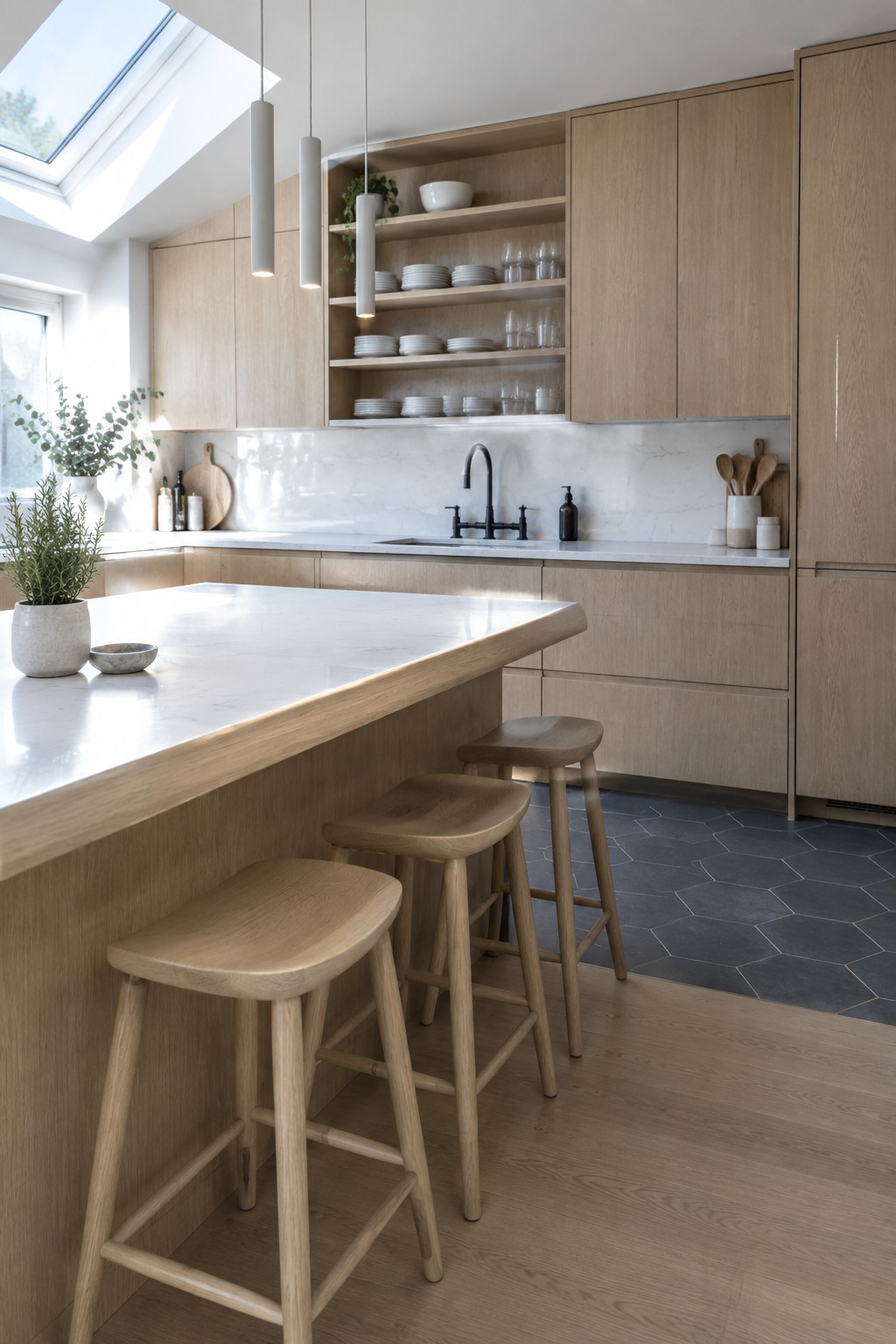 A bright kitchen interior featuring light wood cabinetry, open shelving, a marble-topped island, and three wooden stools on a light wood floor.