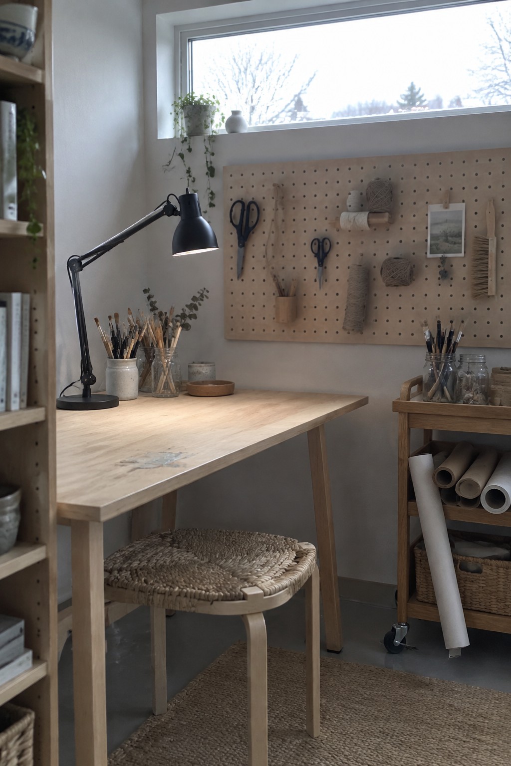 Minimalist wooden desk with black lamp, pegboard tools, woven stool, and rolling supply cart