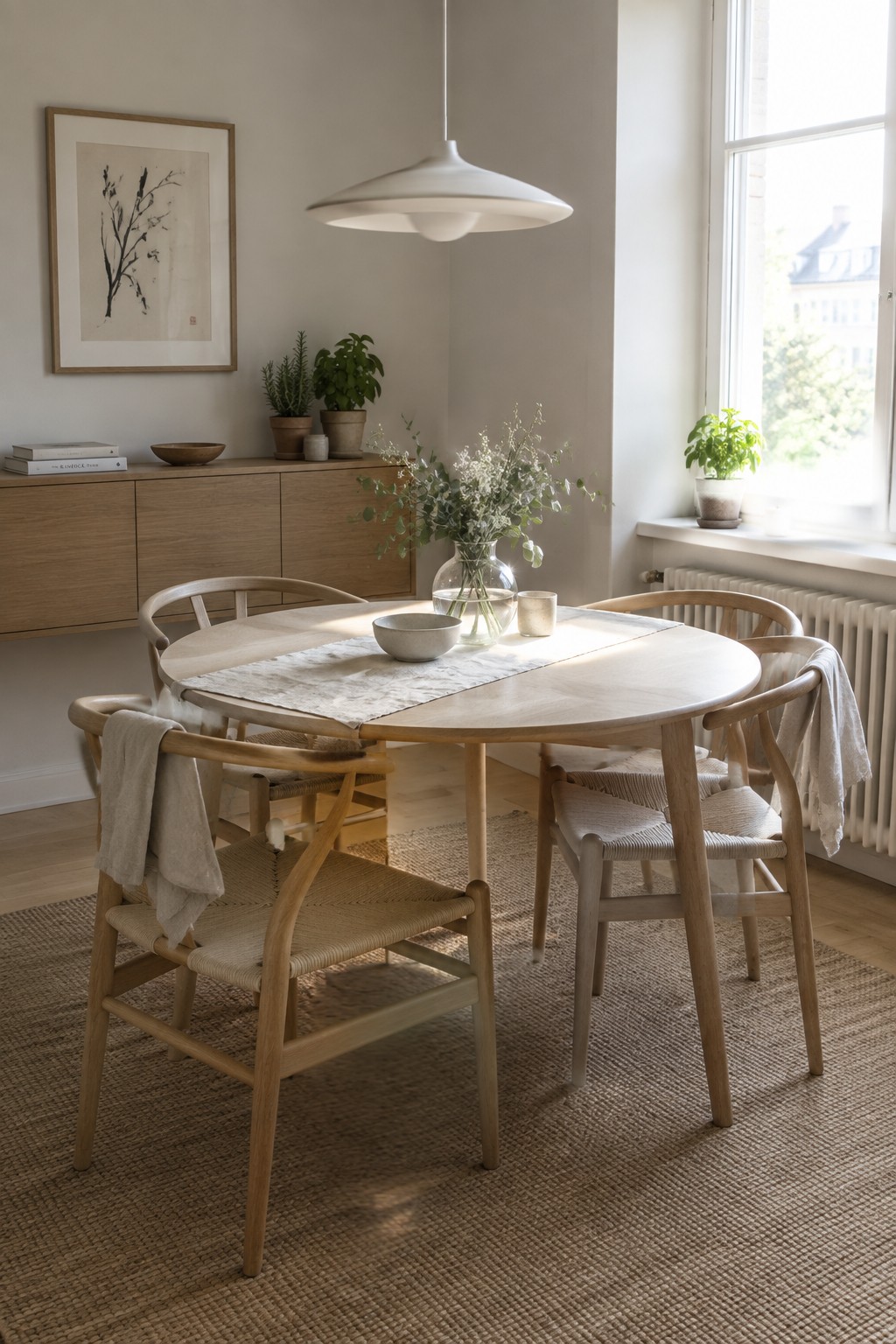 A round light wood dining table with four matching wooden chairs on a woven rug in a bright minimalist room.