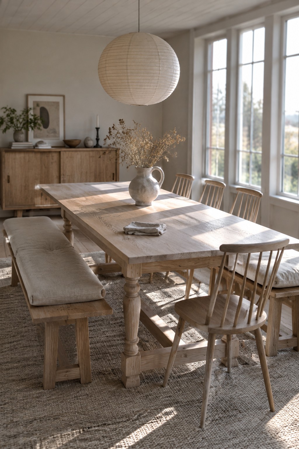 Light wood dining table with bench, spindle chairs, and hanging paper lantern in sunlit room