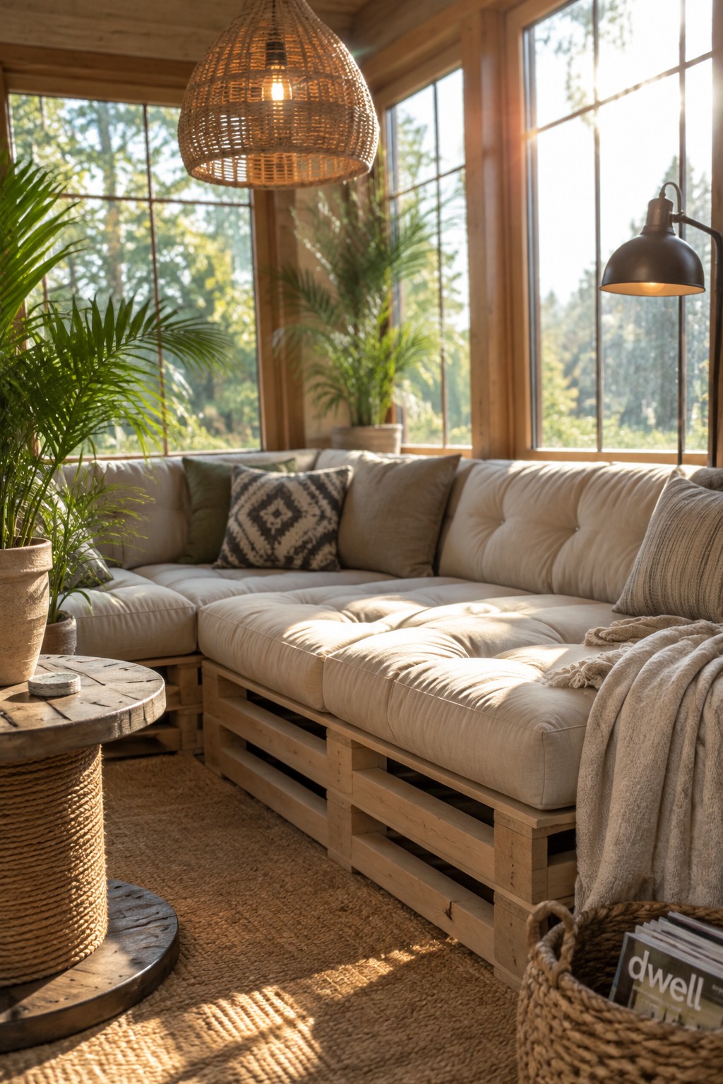 A sectional sofa with beige cushions rests on a wooden pallet base inside a room with large windows, potted plants, and a woven pendant light.
