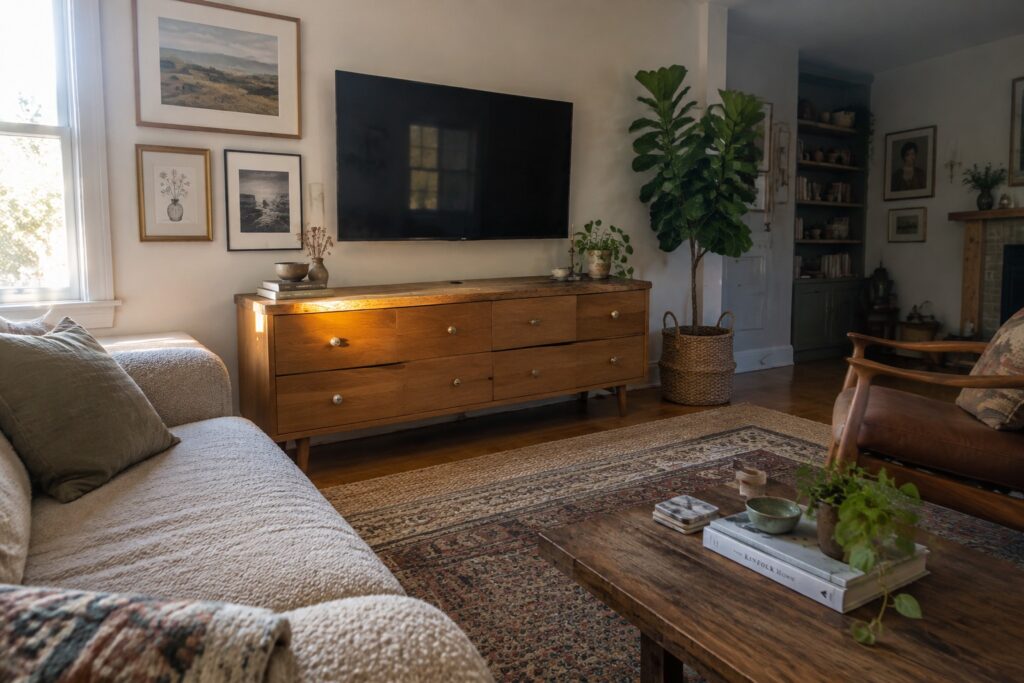 A living room scene showing a low wooden dresser with multiple drawers positioned under a wall-mounted flat screen television, with a woven rug and partial view of seating in the foreground.
