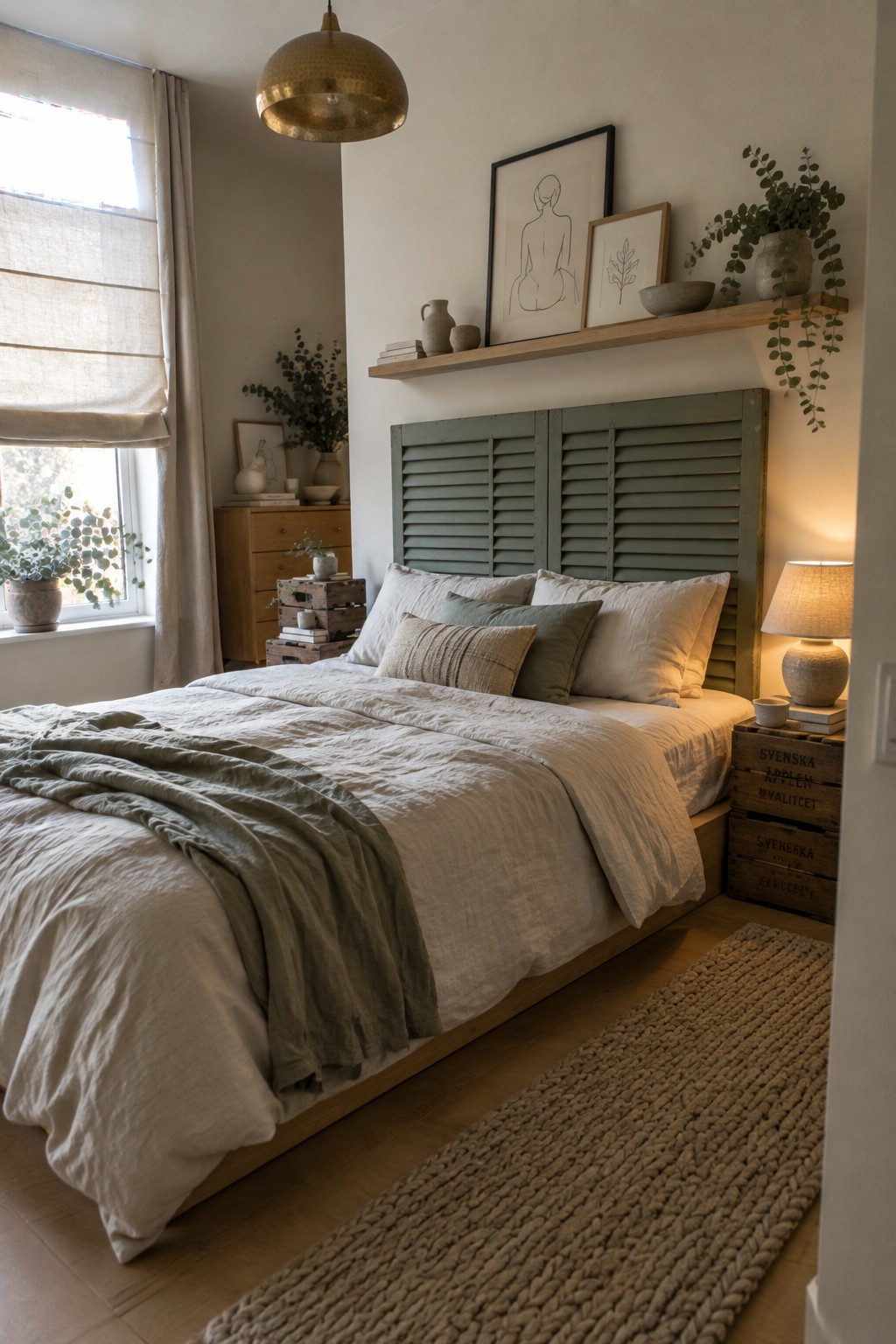 Cozy bedroom with beige linens, sage green shutter headboard, woven rug, and plants.