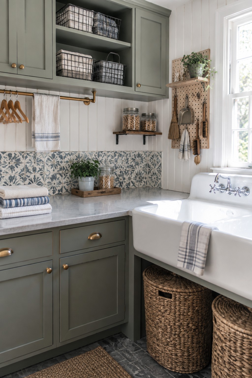 Sage green cabinets, marble counter, white farmhouse sink, patterned tile backsplash.