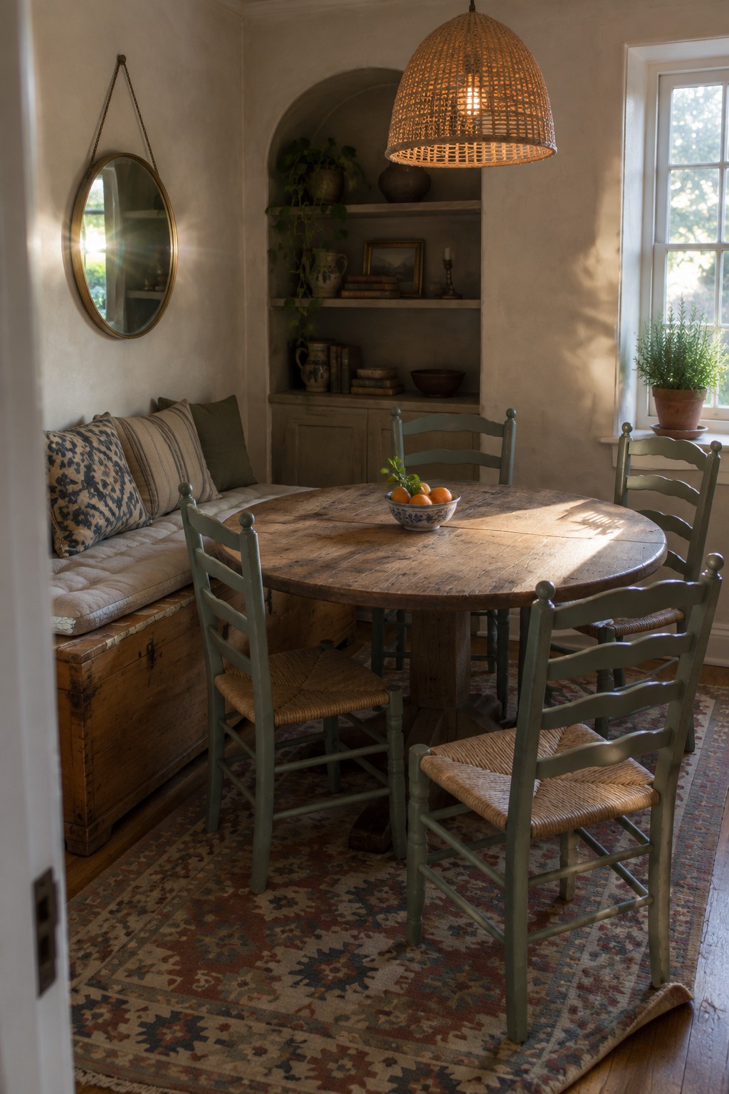 Rustic dining nook with round wooden table, sage green chairs, woven pendant light, and patterned rug