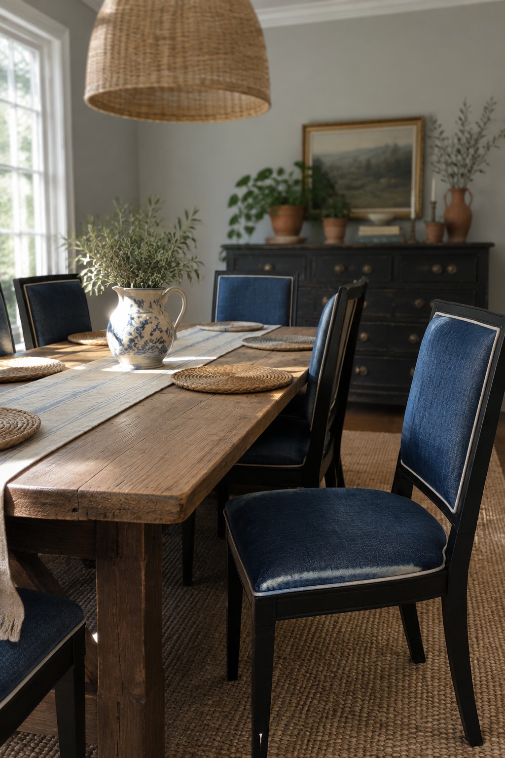 A wooden dining table with black-framed chairs upholstered in blue fabric, set with woven placemats and a blue and white pitcher.