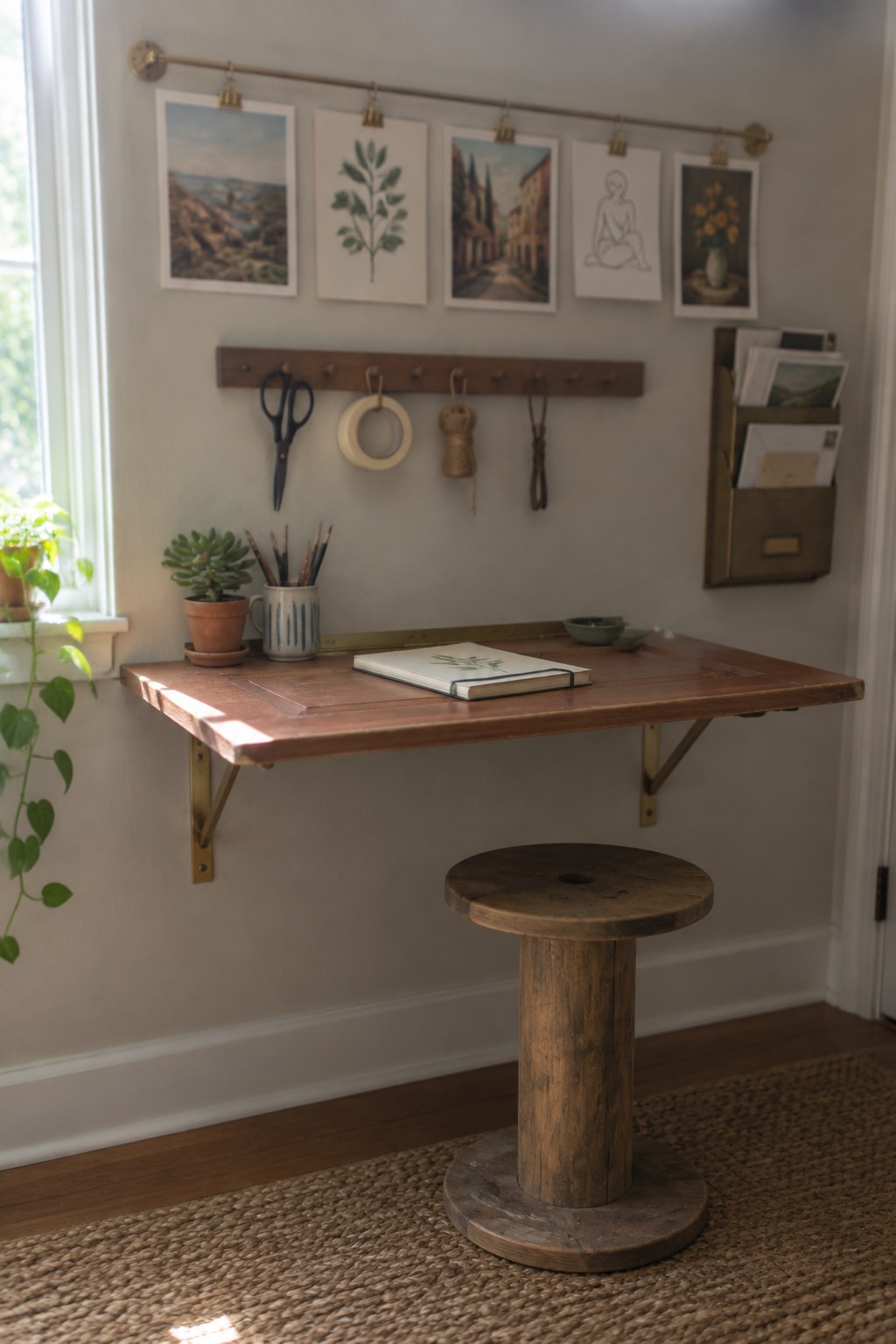 A wall-mounted wooden desk with brackets holds a notebook, while a wooden cable spool stool sits beneath it on a woven rug, with art prints and a peg rail above.