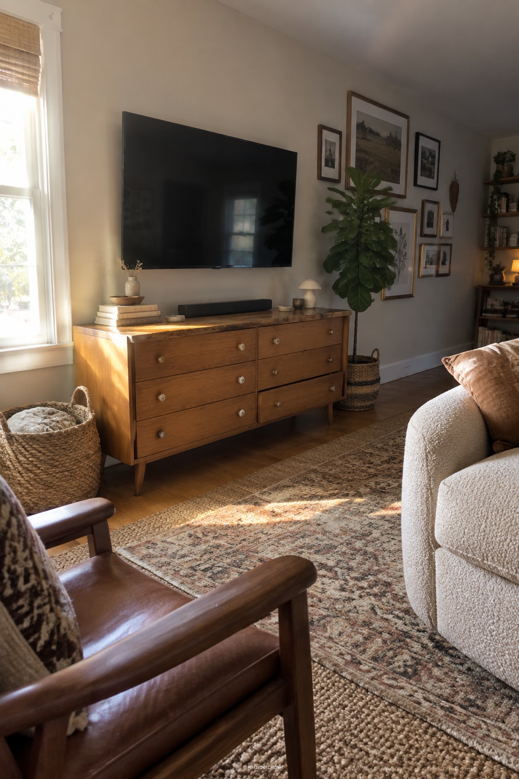 A living room scene showing a low wooden dresser with multiple drawers positioned under a wall-mounted flat screen television, with a woven rug and partial view of seating in the foreground.