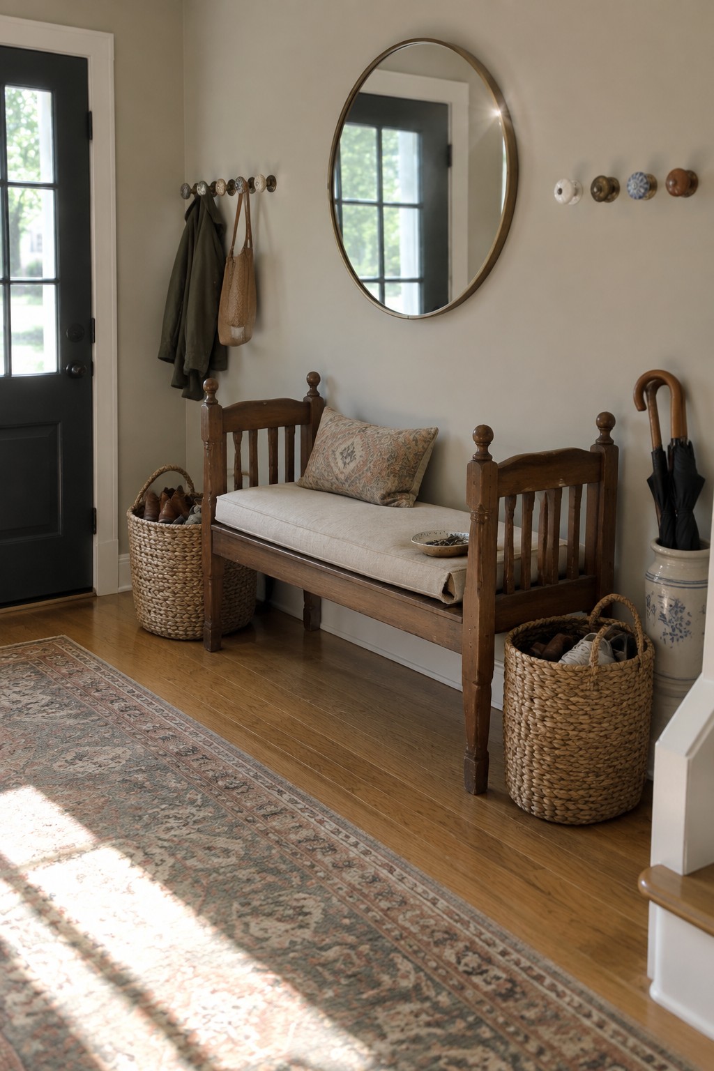 Cozy entryway with wooden bench, woven baskets, round mirror, and patterned rug on floor