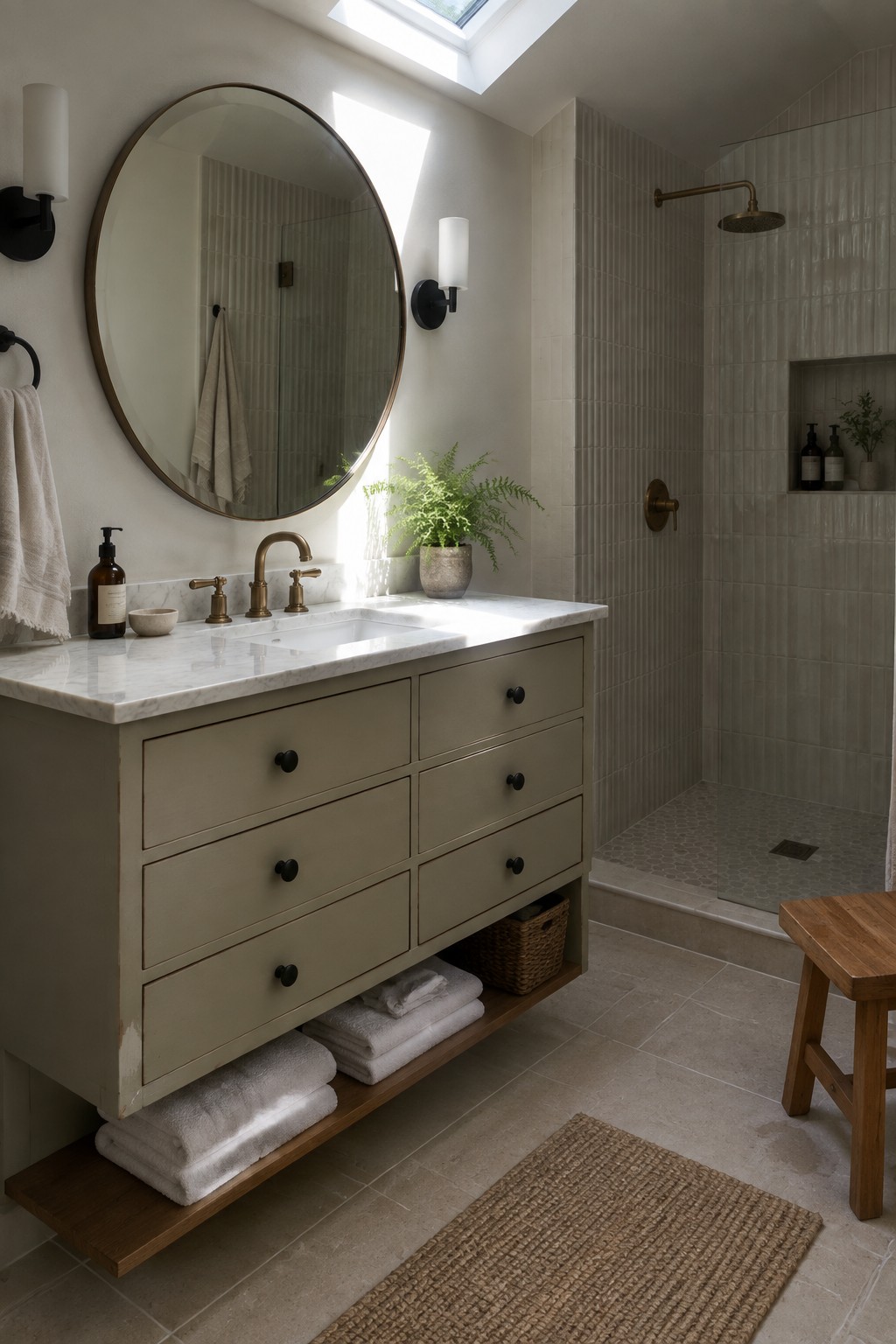 A bathroom interior showing a sage green painted dresser repurposed as a floating vanity with a white marble top, brass faucet, round mirror, and a tiled shower area to the right.