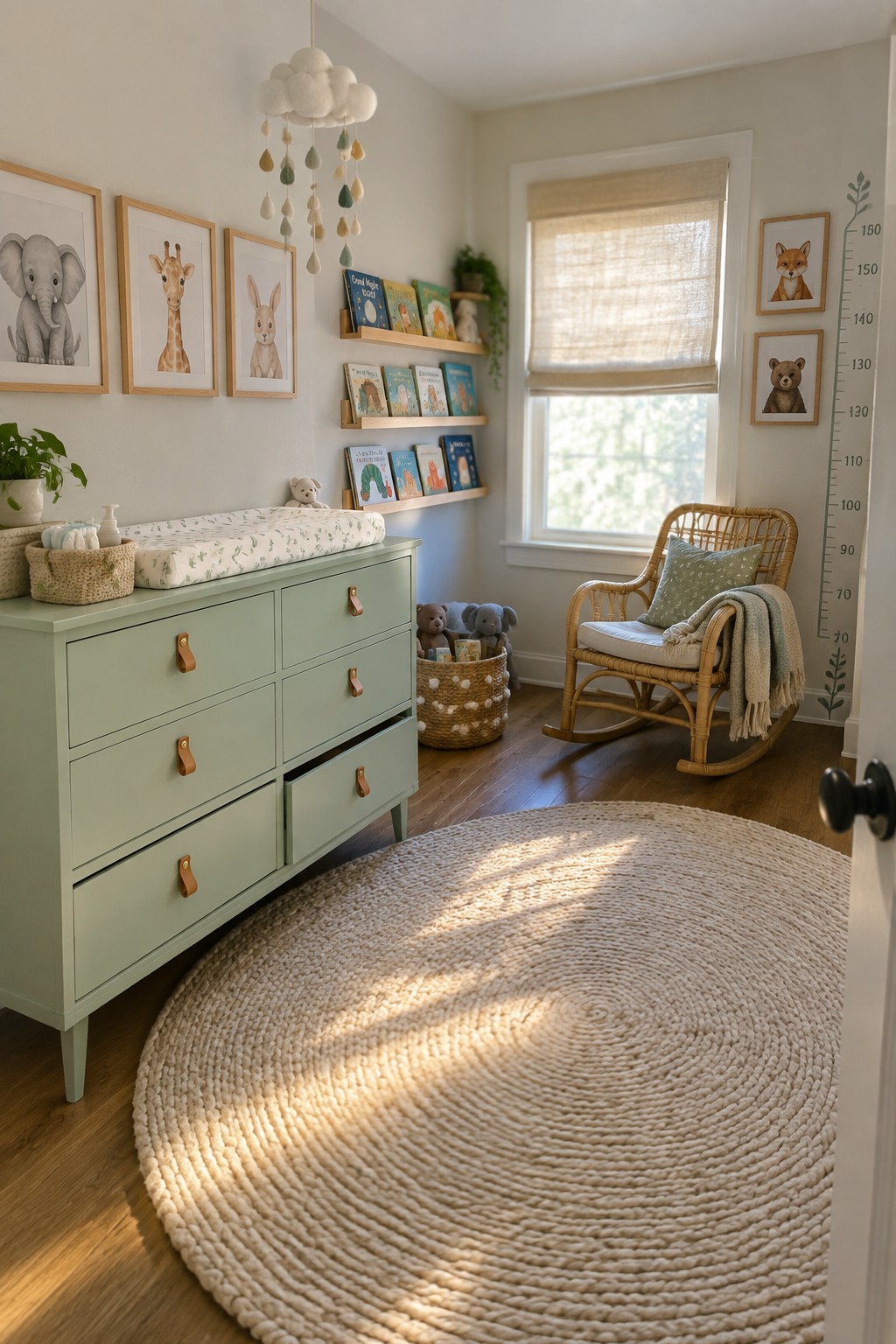 Cozy nursery with mint green dresser, wicker rocker, animal prints, and round woven rug.