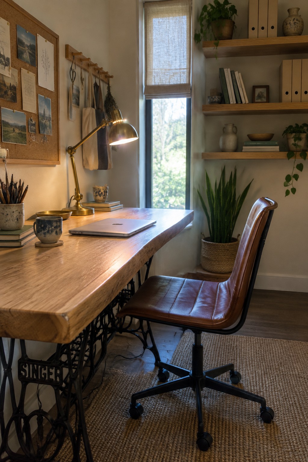 Rustic wooden desk with laptop, brass lamp, and brown leather office chair