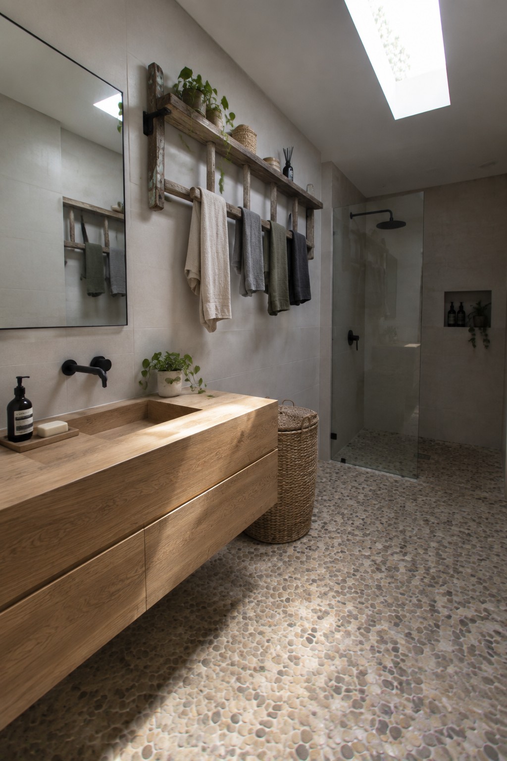 A bathroom with a floating wooden vanity, black faucet, large mirror on the left wall, wooden ladder shelf with towels and plants, glass shower enclosure, and pebble tile floor.