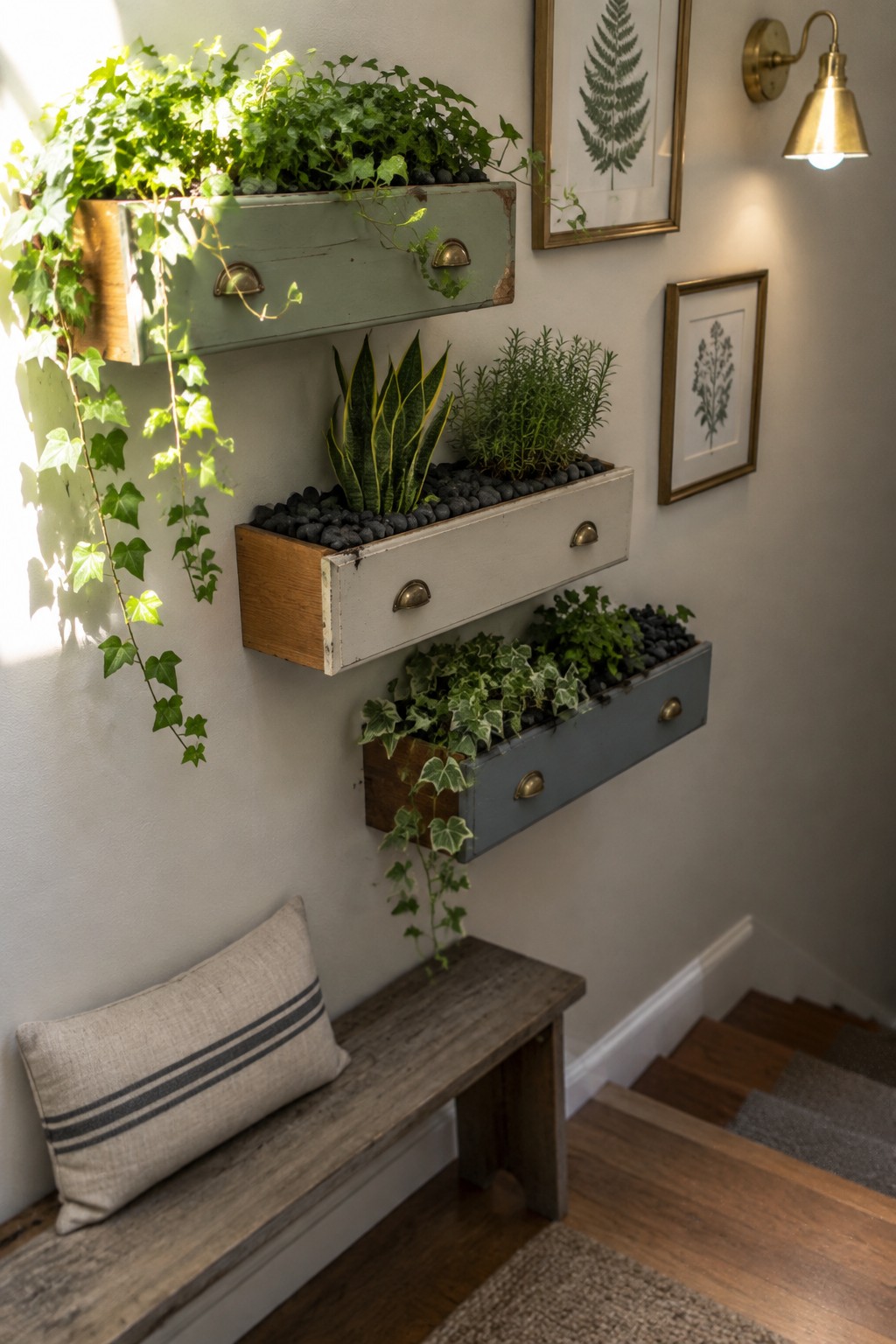 Rustic painted drawers repurposed as wall planters with trailing ivy above wooden bench.
